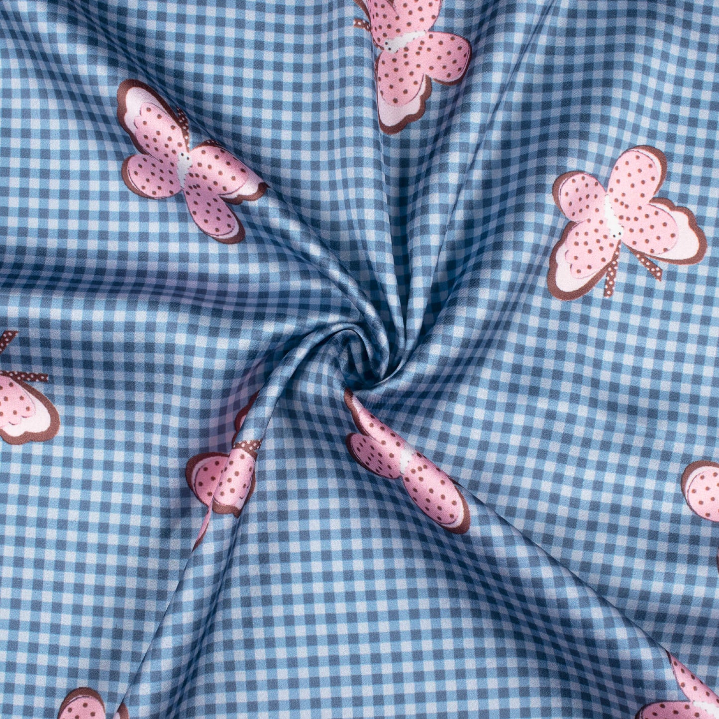 Aegean Blue And Baby Pink Butterfly Pattern Digital Print Japan Satin Fabric