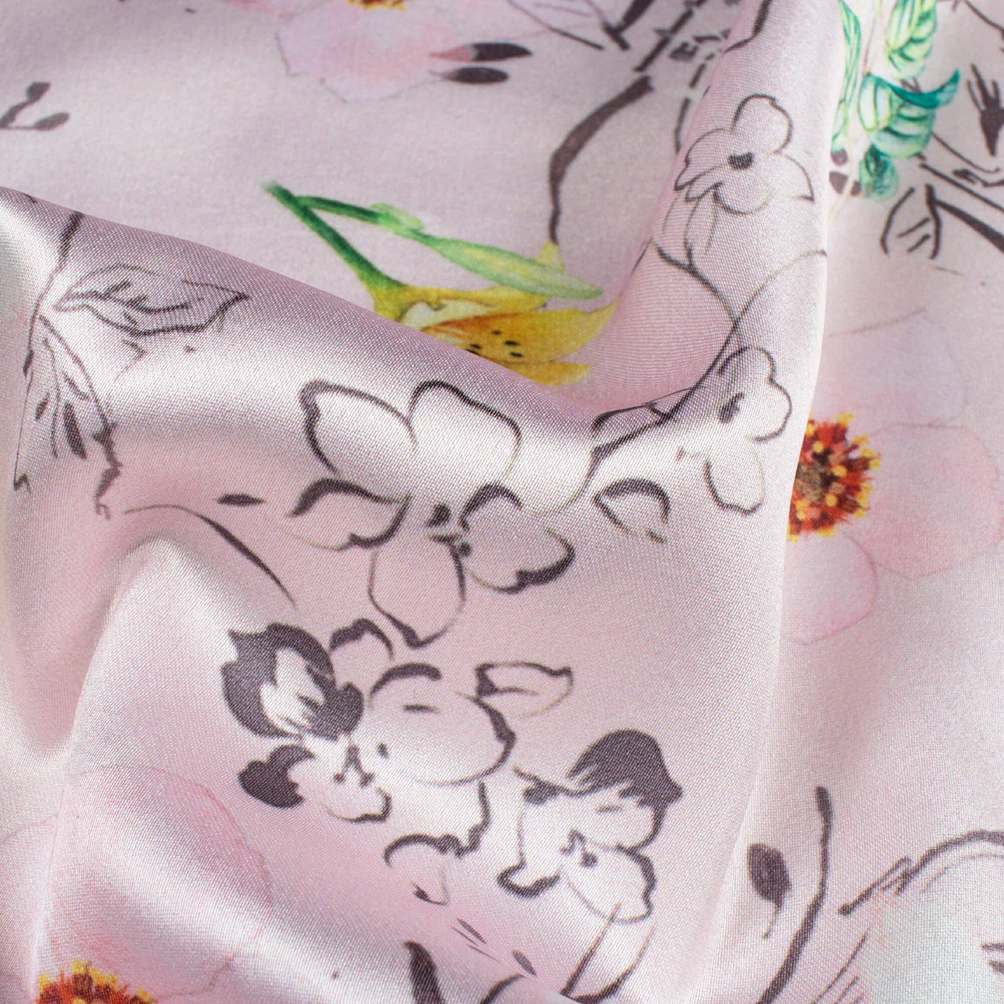 Baby Pink And Lemon Yellow Floral Pattern Digital Print Japan Satin Fabric
