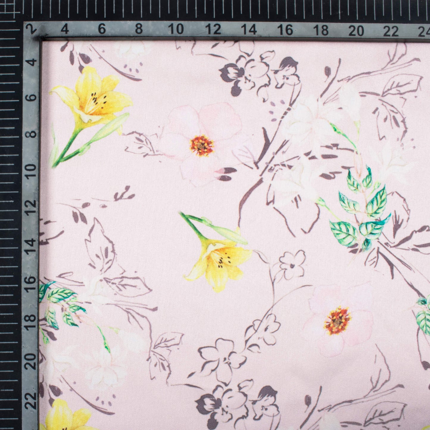 Baby Pink And Lemon Yellow Floral Pattern Digital Print Japan Satin Fabric