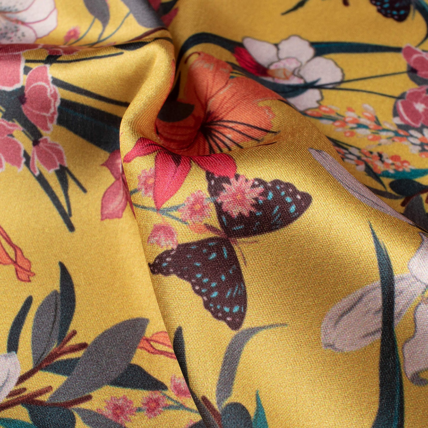 Honey Yellow And Blush Red Floral Pattern Digital Print Japan Satin Fabric