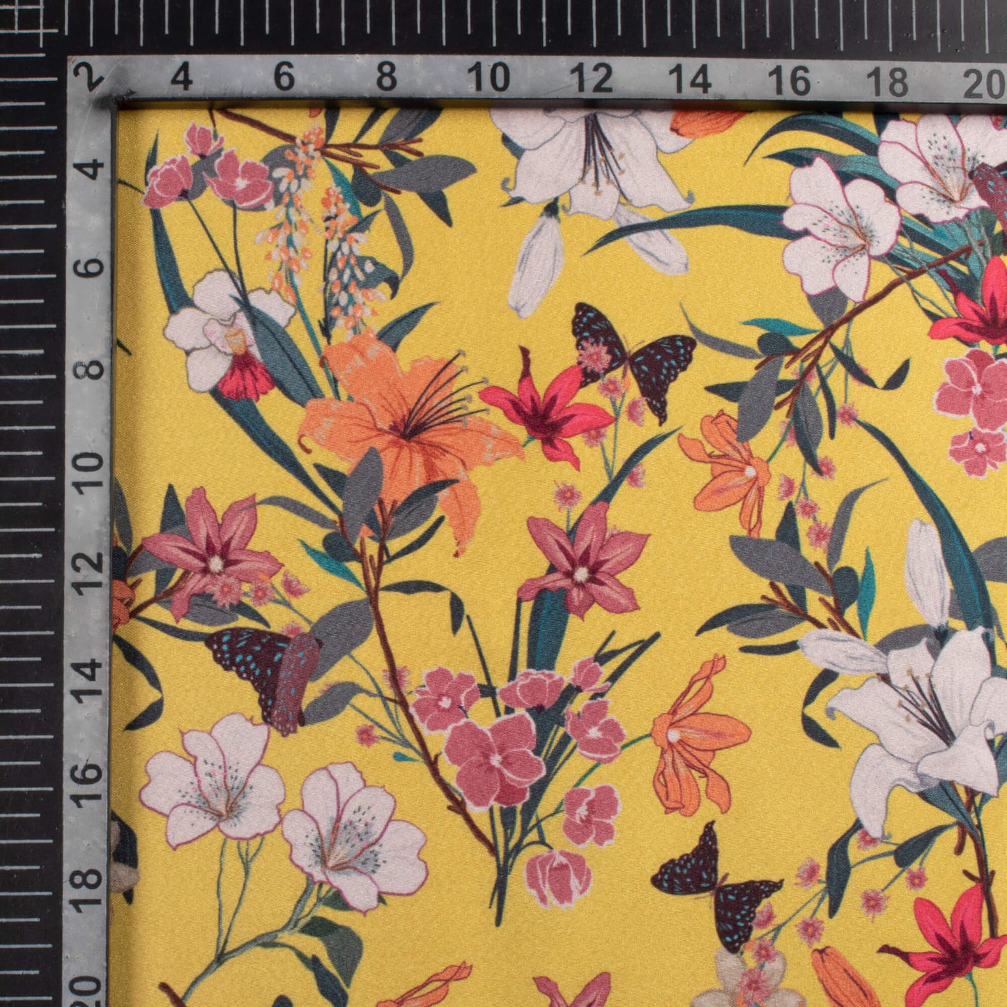 Honey Yellow And Blush Red Floral Pattern Digital Print Japan Satin Fabric