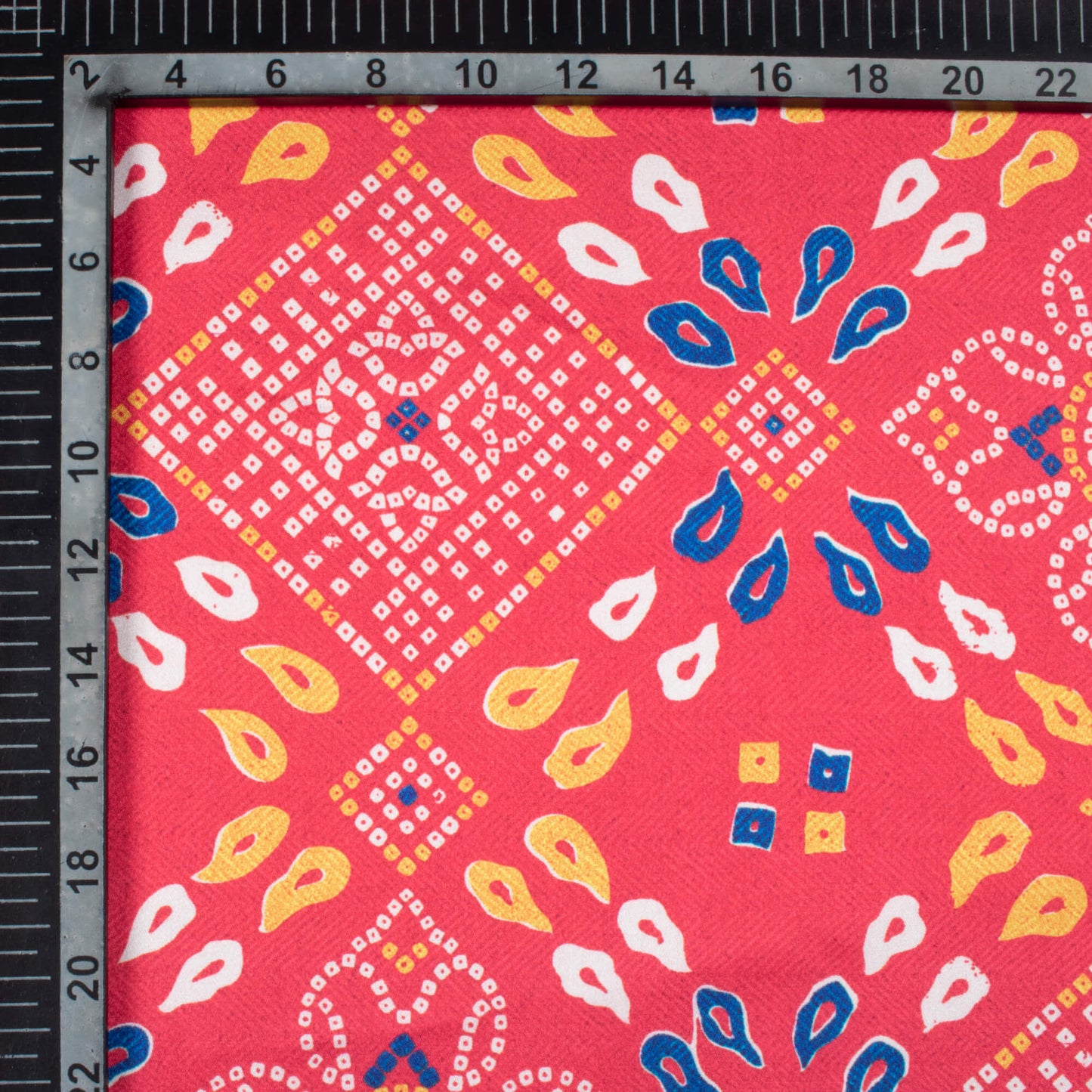 Vermilion Red And Dark Blue Bandhanii Pattern Digital Print Japan Satin Fabric