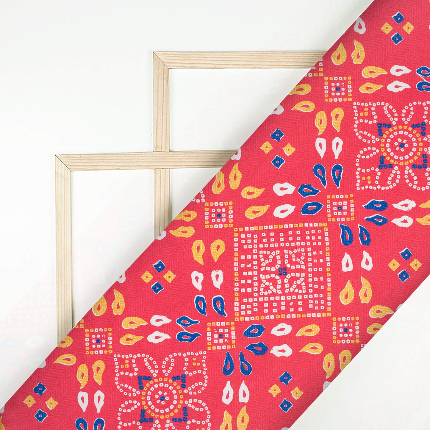 Vermilion Red And Dark Blue Bandhanii Pattern Digital Print Japan Satin Fabric