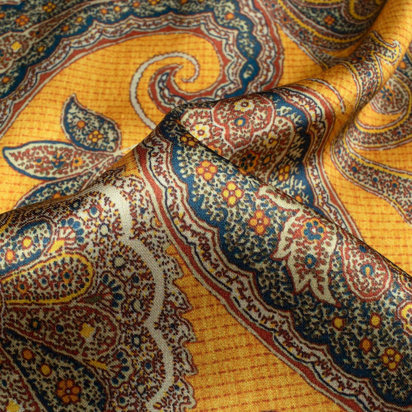 Dijon Yellow And Sacramento Green Paisley Pattern Digital Print Japan Satin Fabric