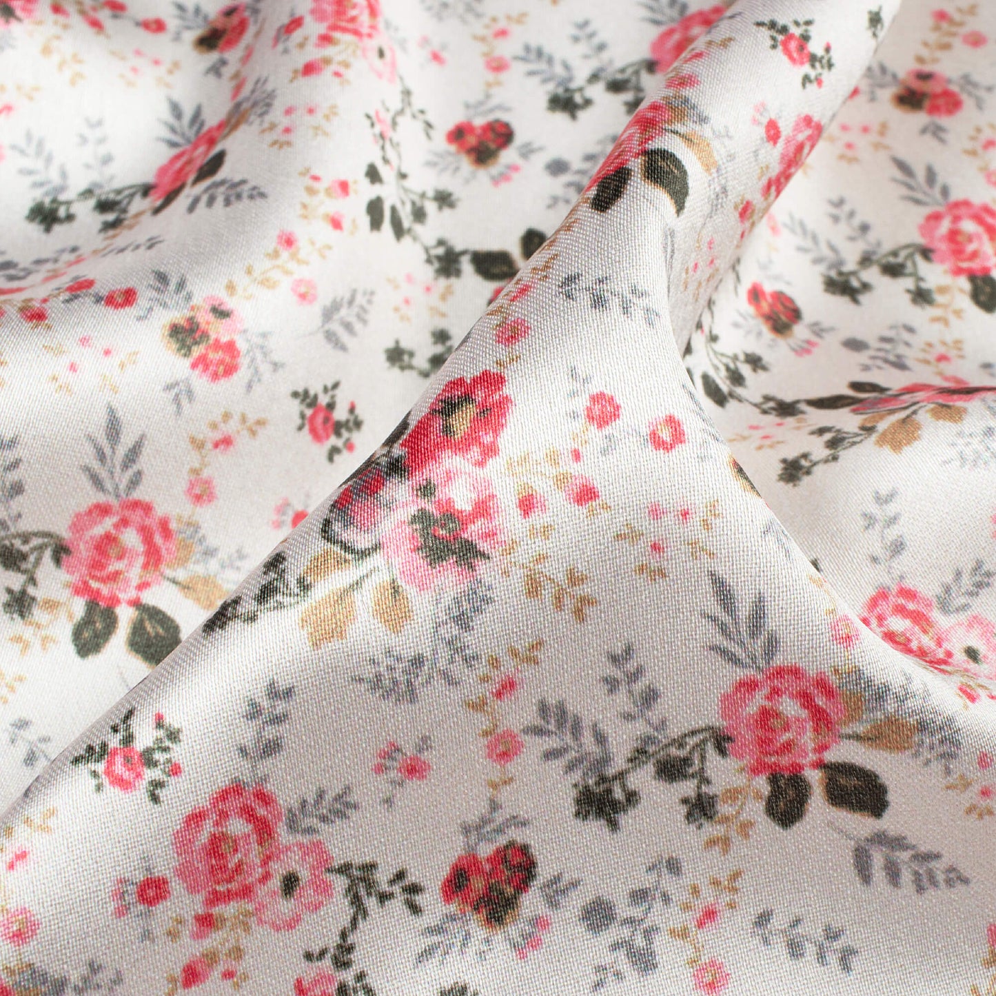 Off White And Taffy Pink Floral Pattern Digital Print Japan Satin Fabric