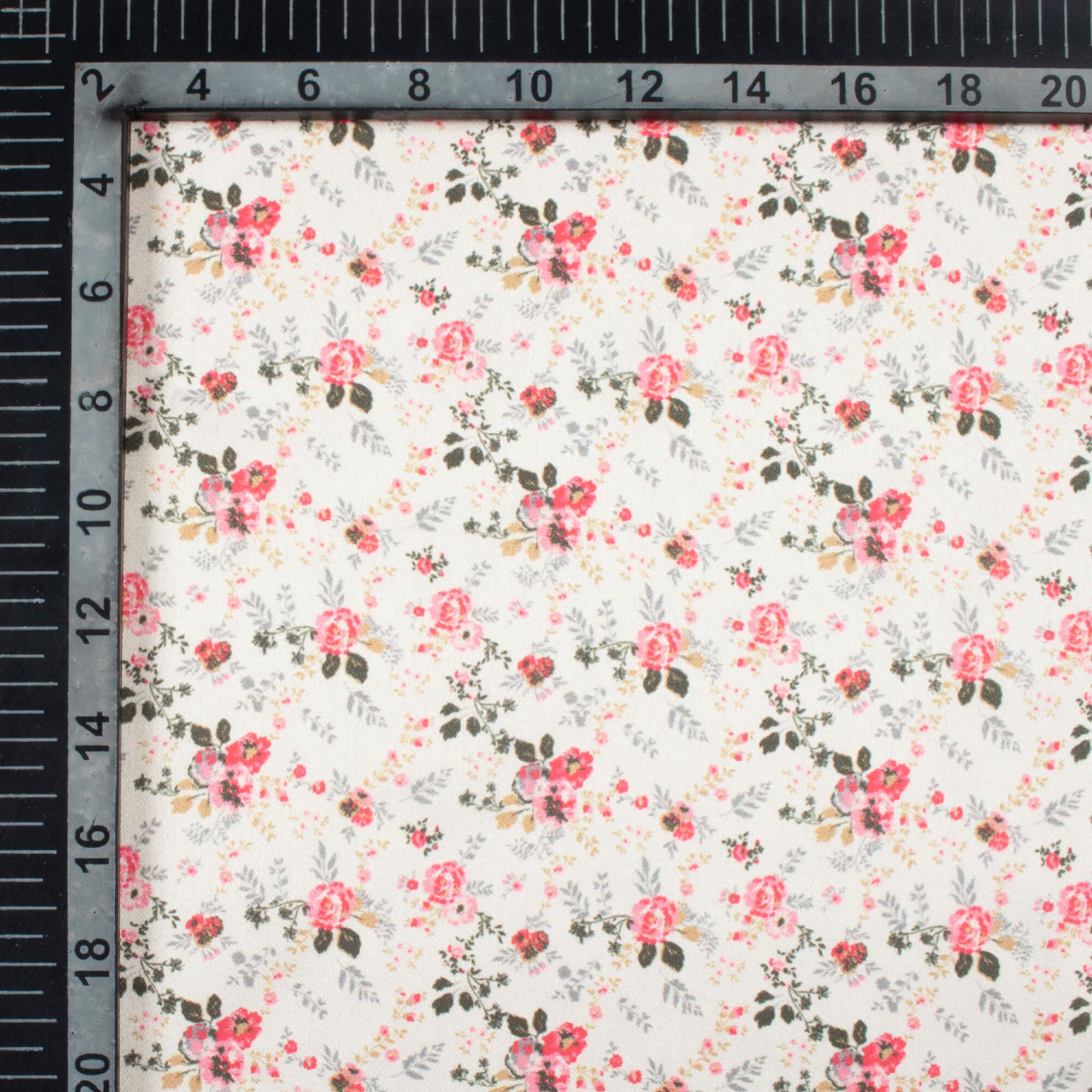 Off White And Taffy Pink Floral Pattern Digital Print Japan Satin Fabric