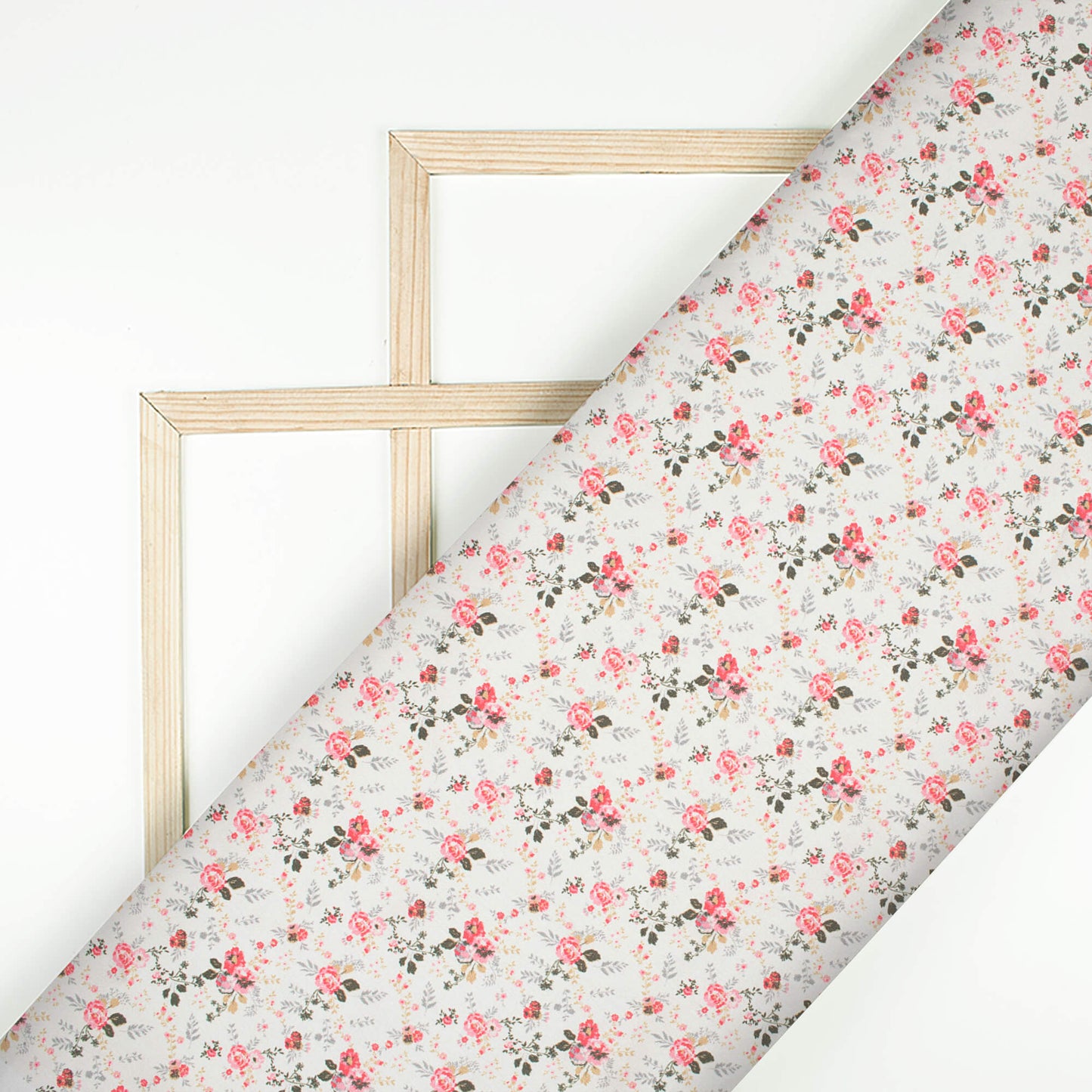 Off White And Taffy Pink Floral Pattern Digital Print Japan Satin Fabric