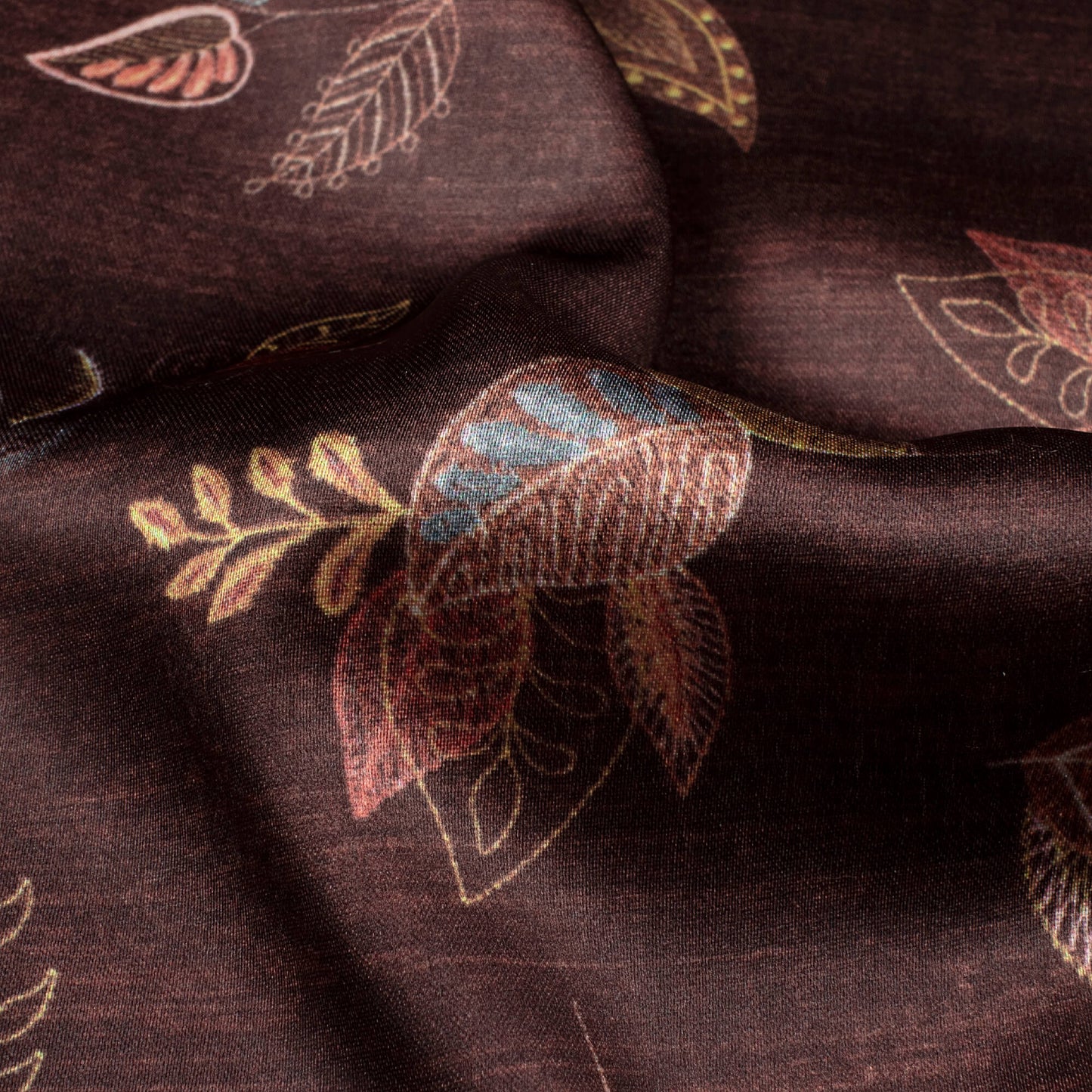 Hickory Brown And Peach Leaf Pattern Digital Print Japan Satin Fabric
