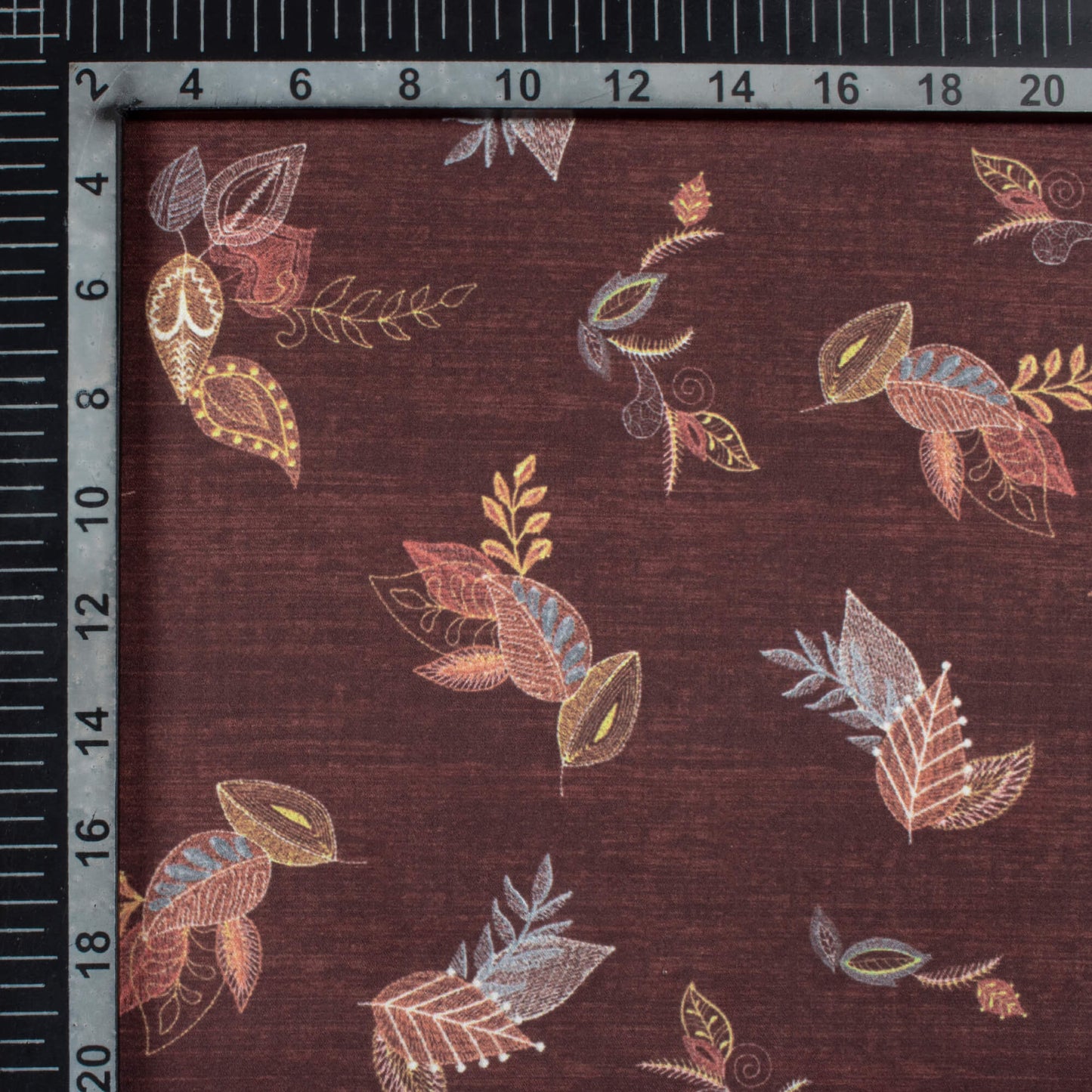 Hickory Brown And Peach Leaf Pattern Digital Print Japan Satin Fabric