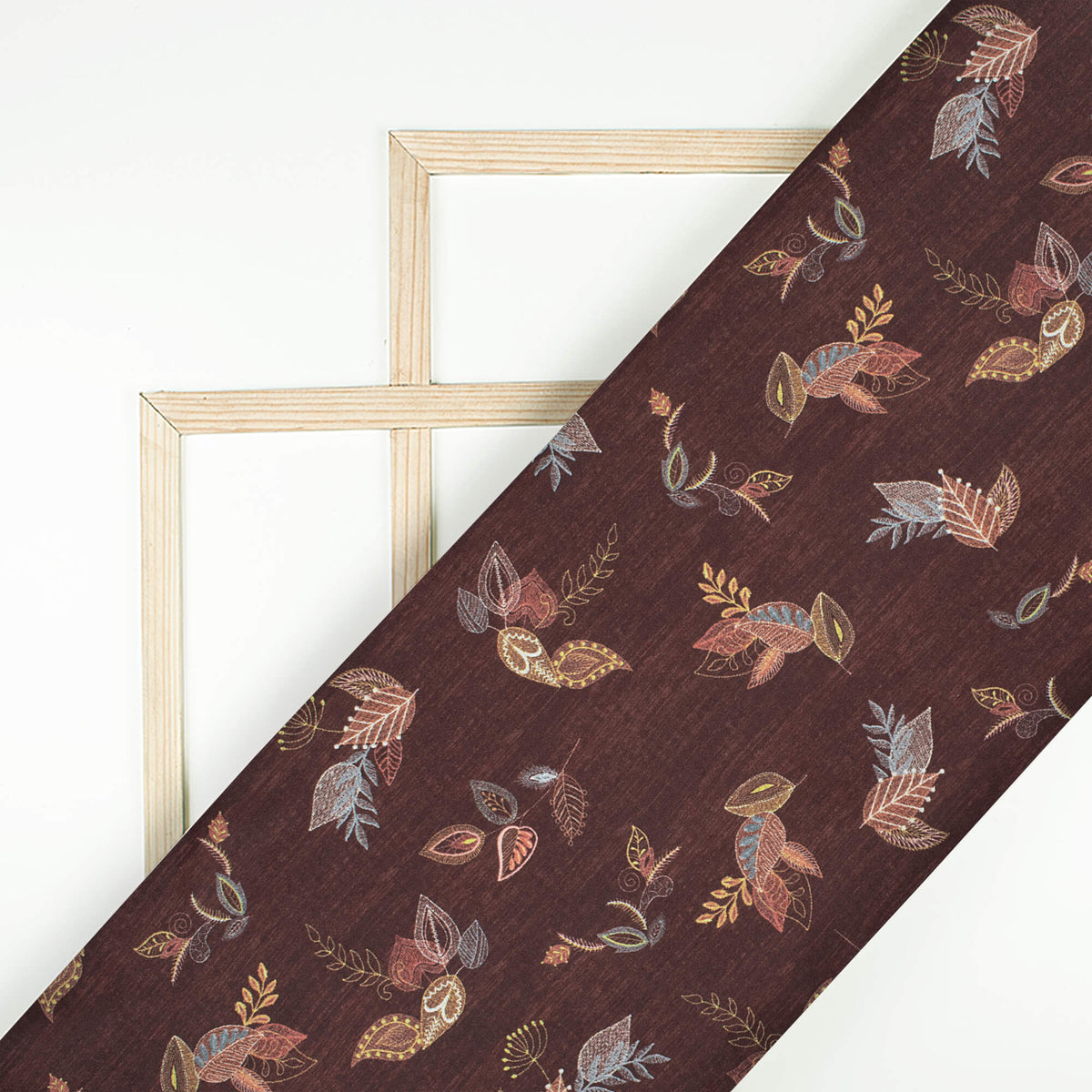Hickory Brown And Peach Leaf Pattern Digital Print Japan Satin Fabric