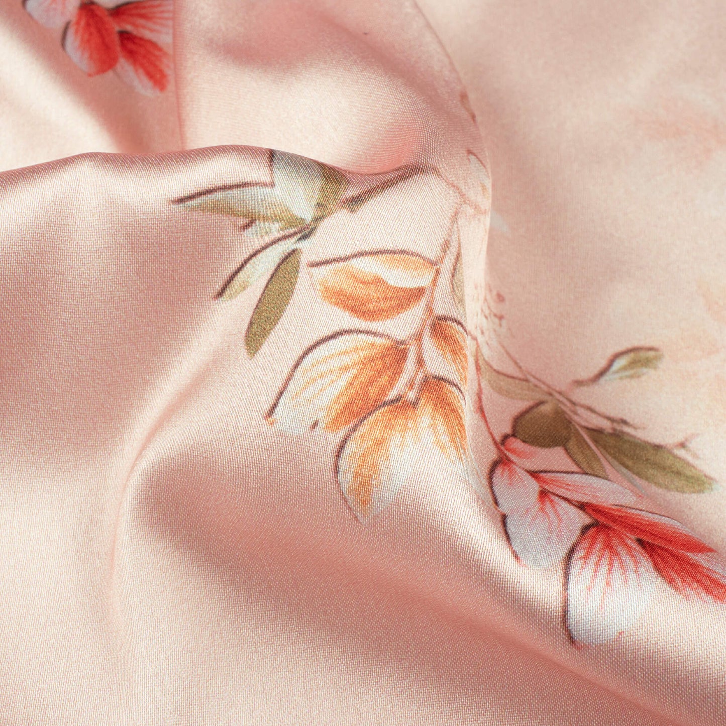 Baby Pink And Brown Floral Pattern Digital Print Japan Satin Fabric