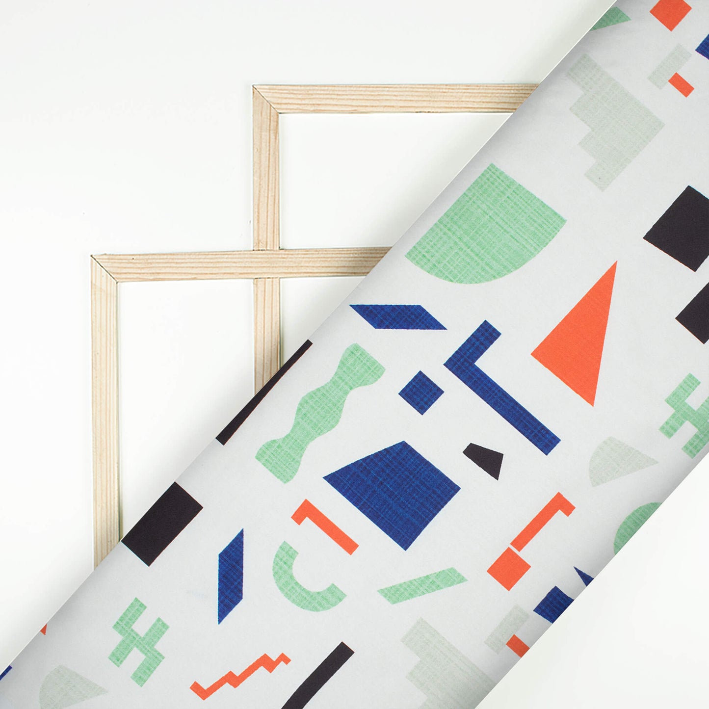 Snow White And Pistachio Green Geometric Pattern Digital Print Japan Satin Fabric