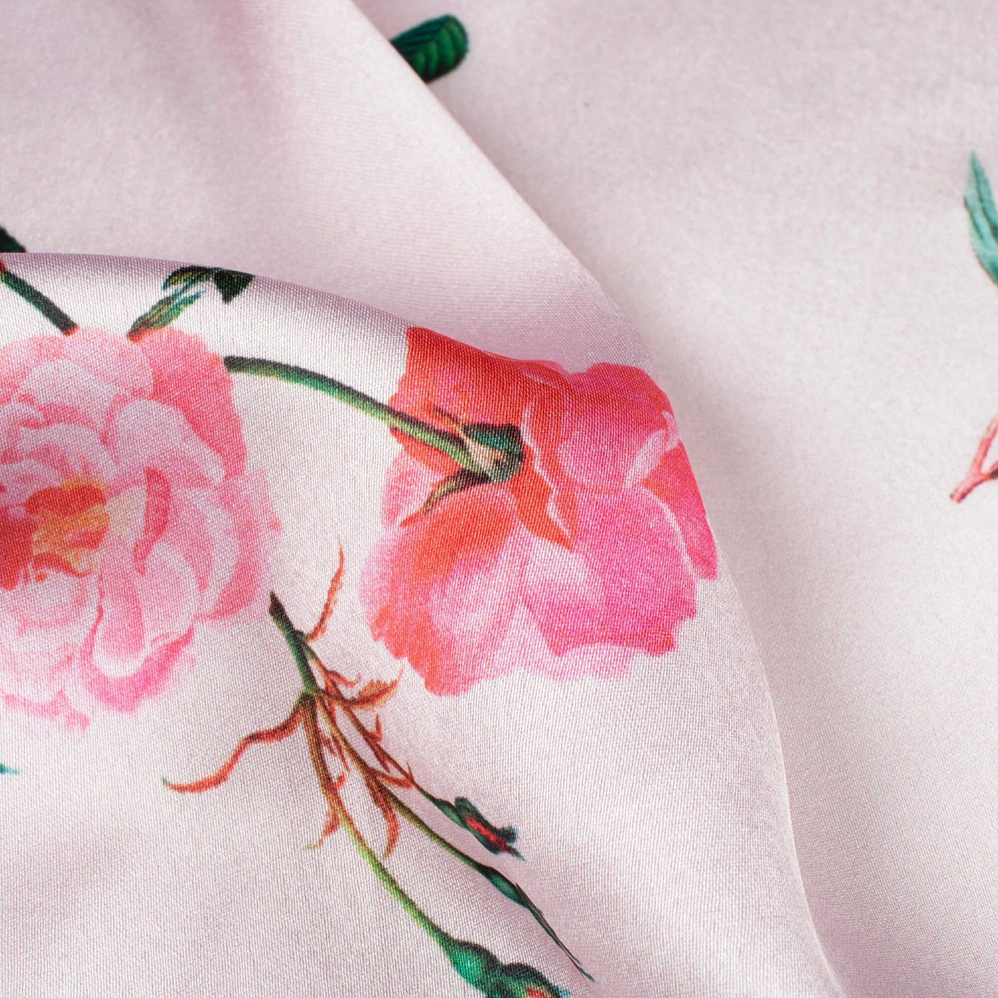 Baby Pink And Green Floral Pattern Digital Print Japan Satin Fabric