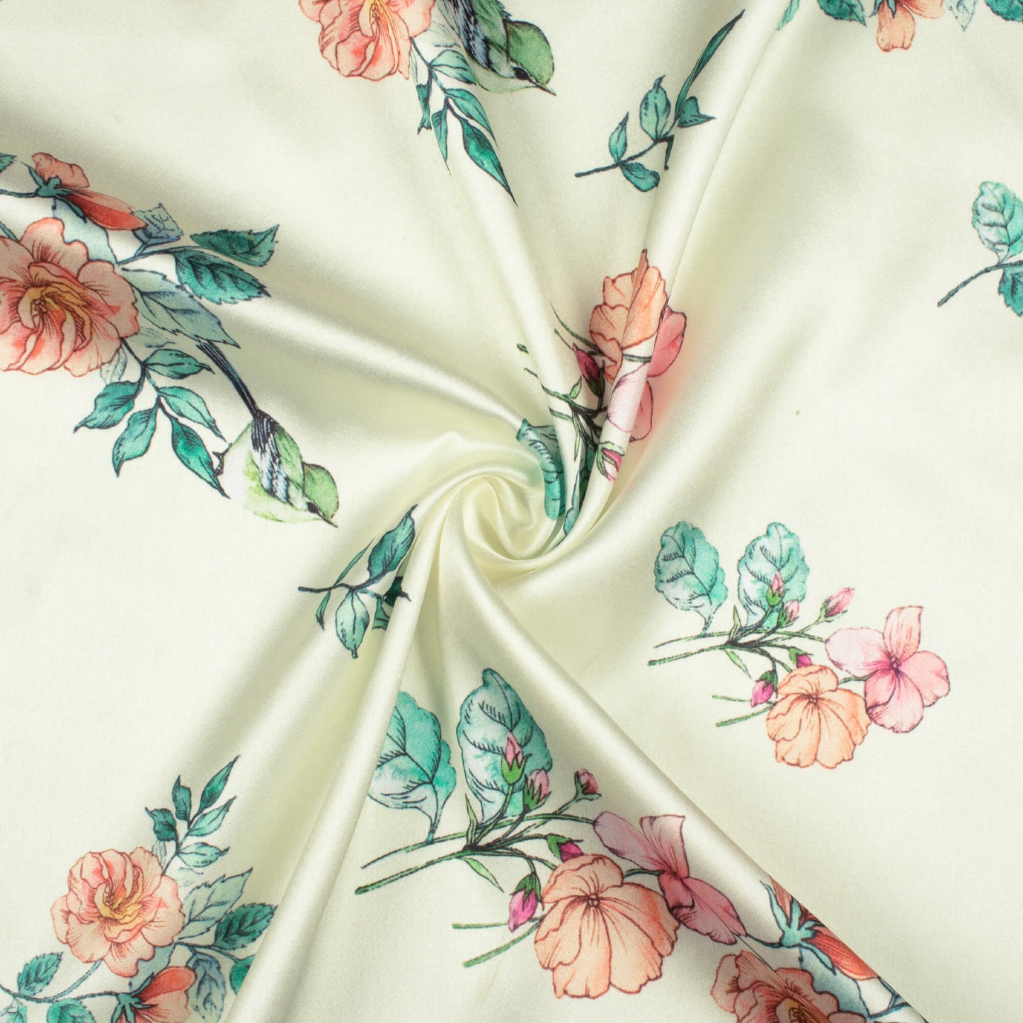 Tea Green And Orange Floral Pattern Digital Print Japan Satin Fabric