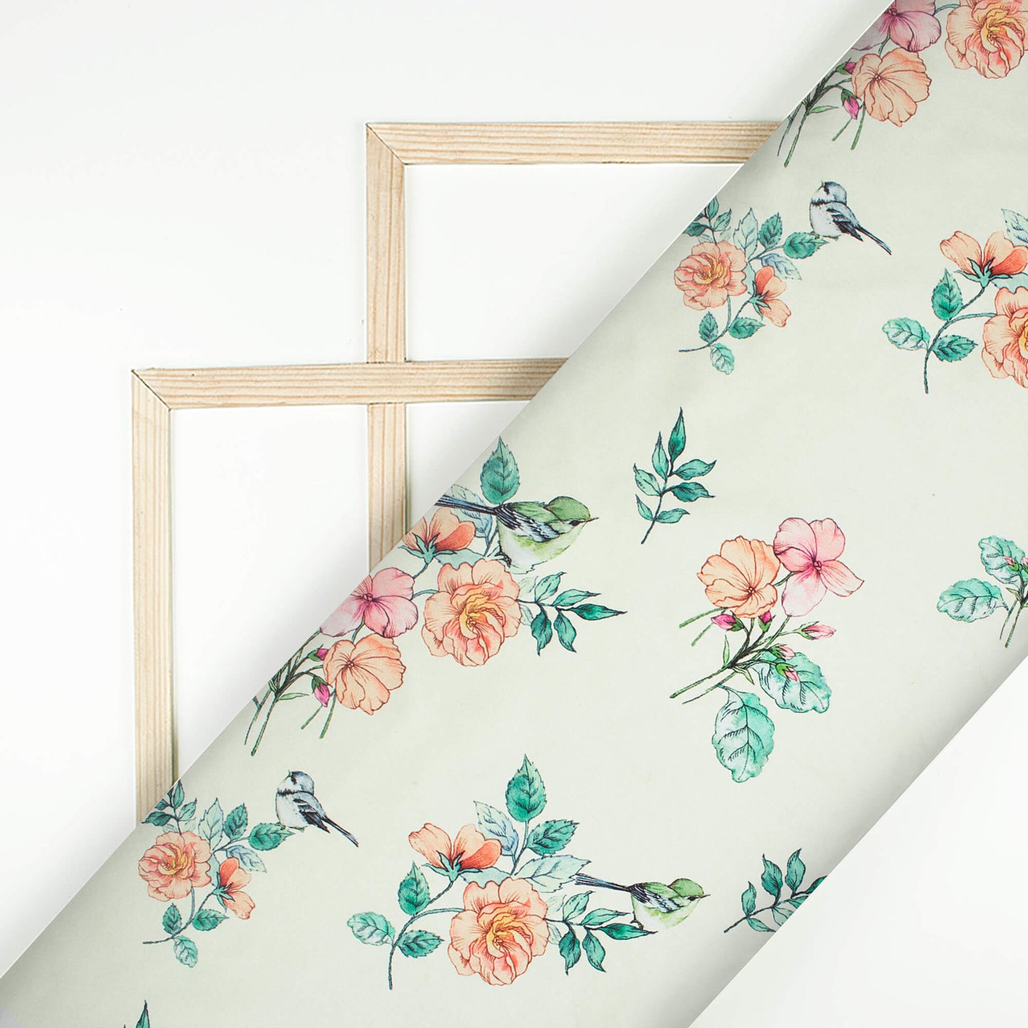 Tea Green And Orange Floral Pattern Digital Print Japan Satin Fabric