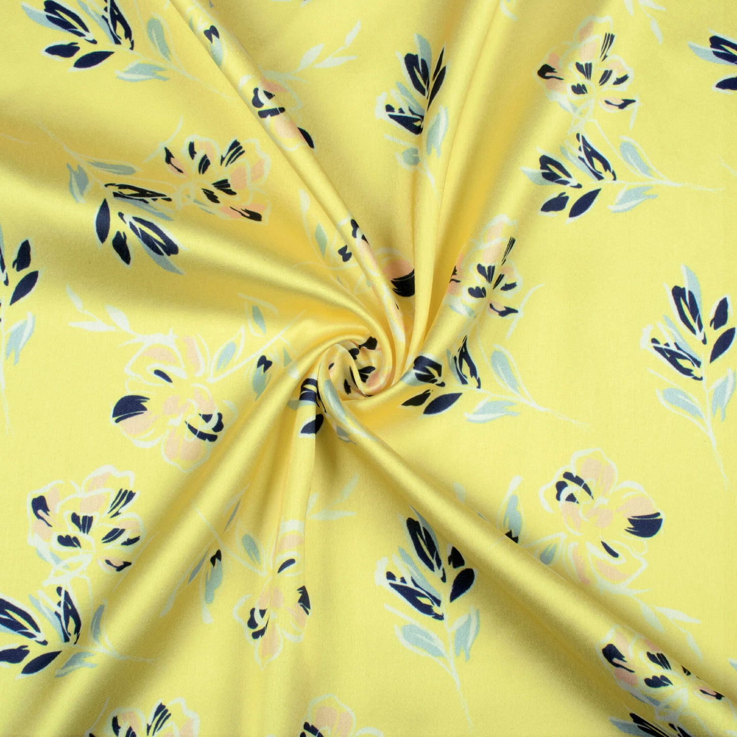 Lemon Yellow And Navy Blue Leaf Pattern Digital Print Japan Satin Fabric