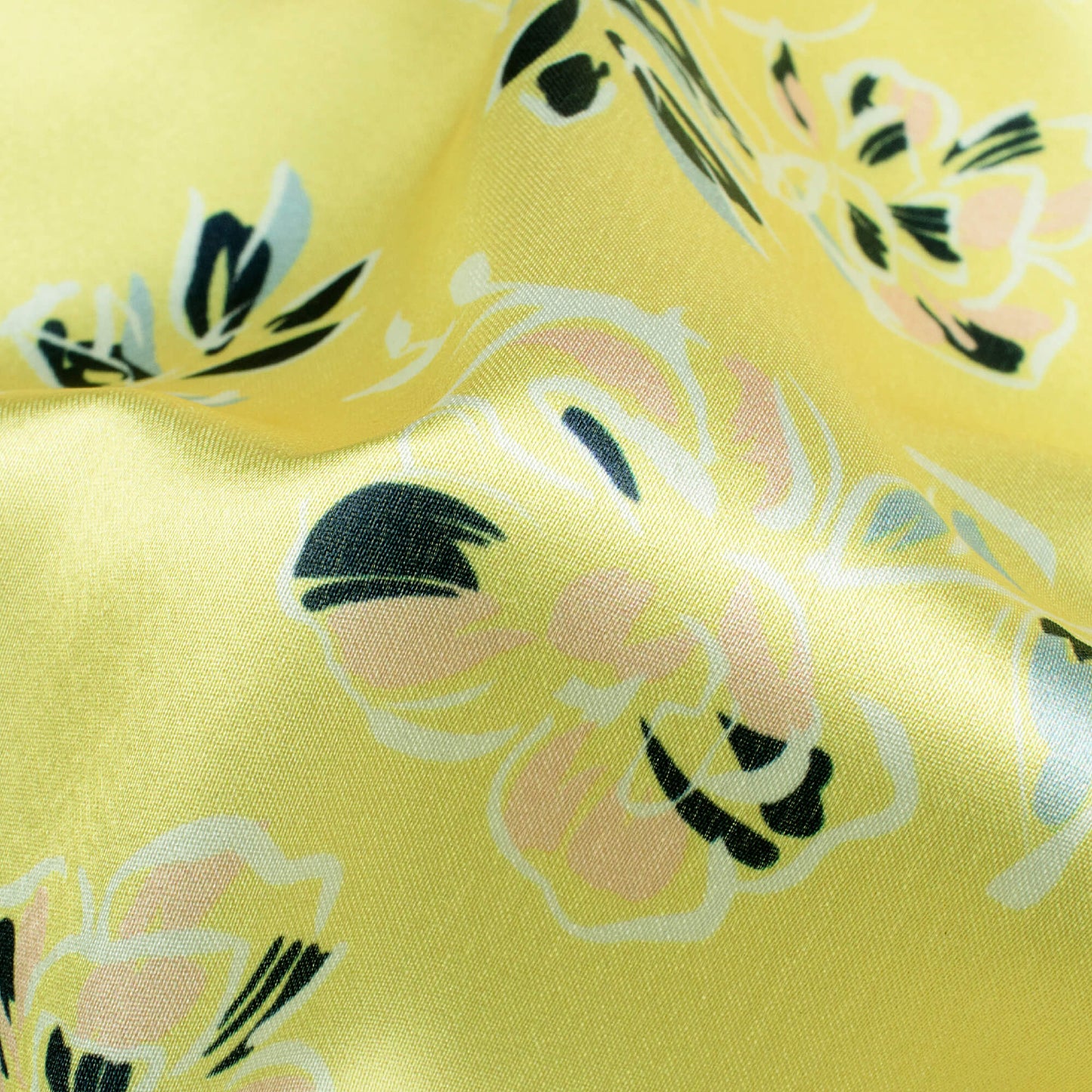 Lemon Yellow And Navy Blue Leaf Pattern Digital Print Japan Satin Fabric