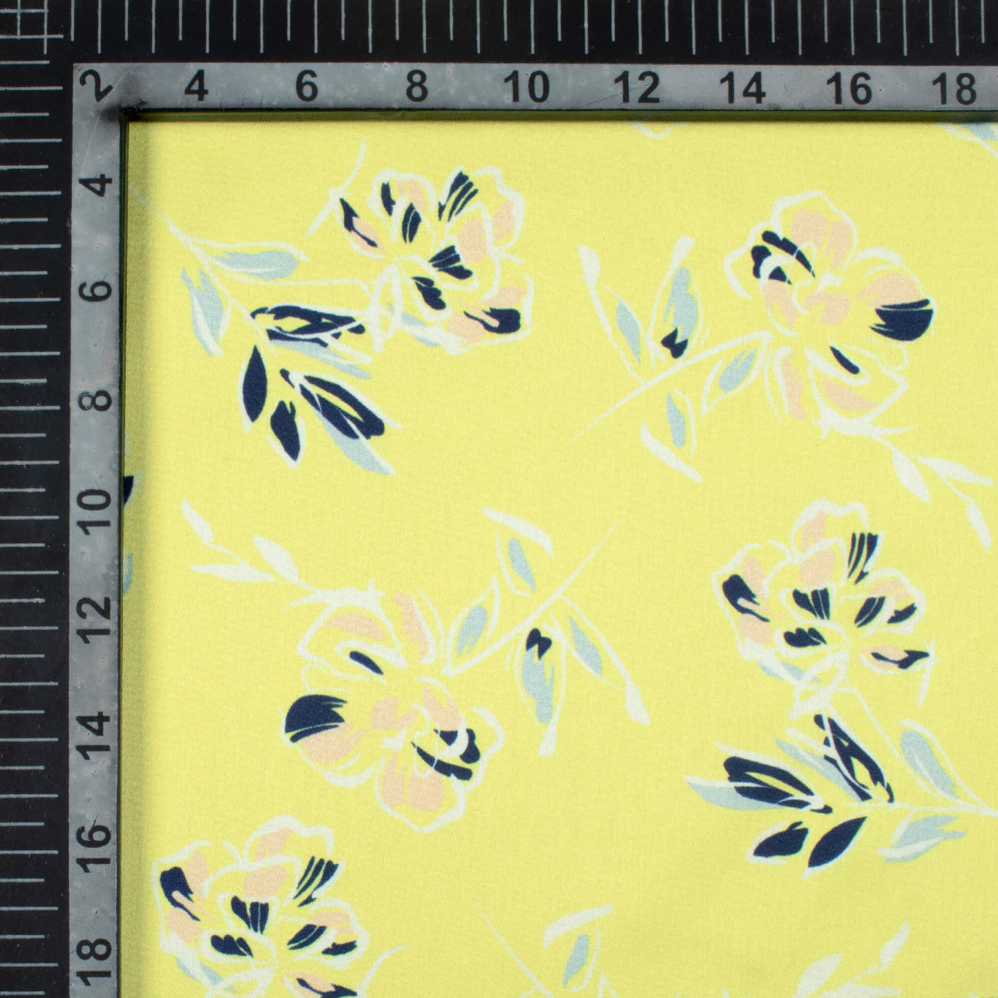 Lemon Yellow And Navy Blue Leaf Pattern Digital Print Japan Satin Fabric
