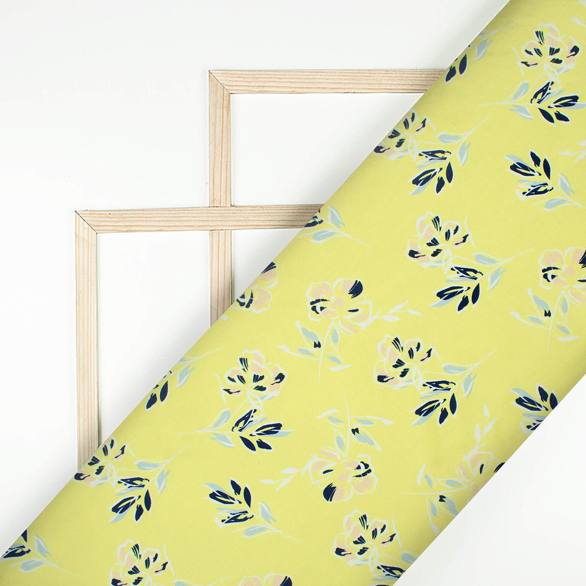 Lemon Yellow And Navy Blue Leaf Pattern Digital Print Japan Satin Fabric