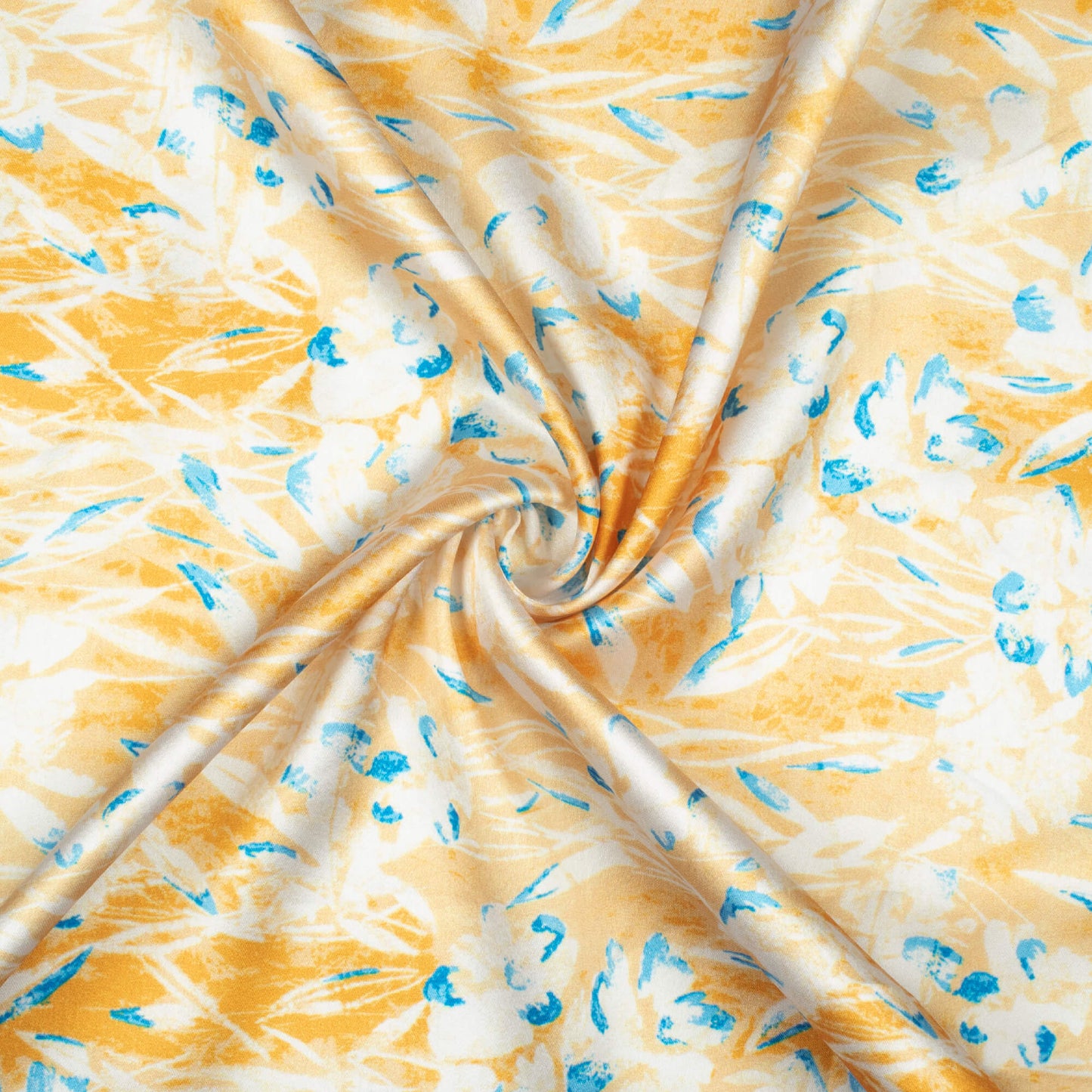 Mustard Yellow And Blue Abstract Pattern Digital Print Japan Satin Fabric