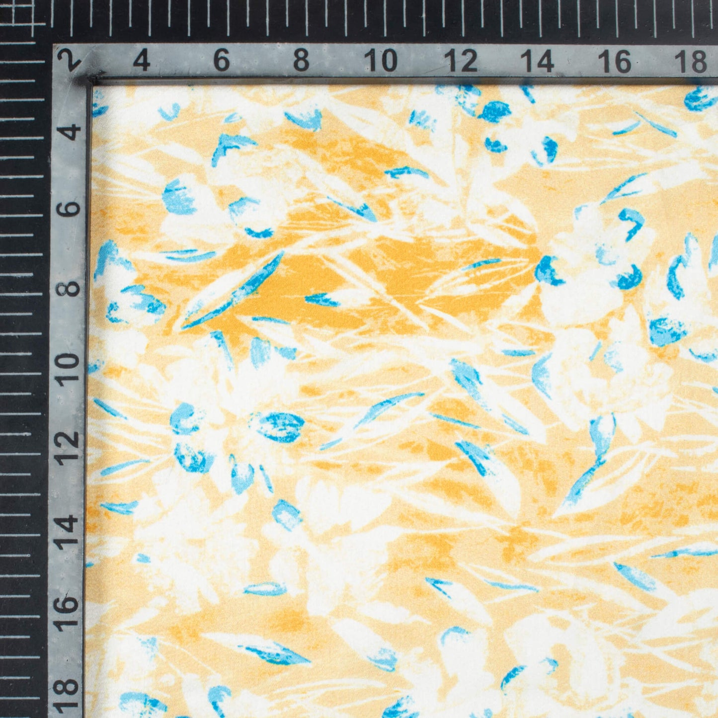 Mustard Yellow And Blue Abstract Pattern Digital Print Japan Satin Fabric