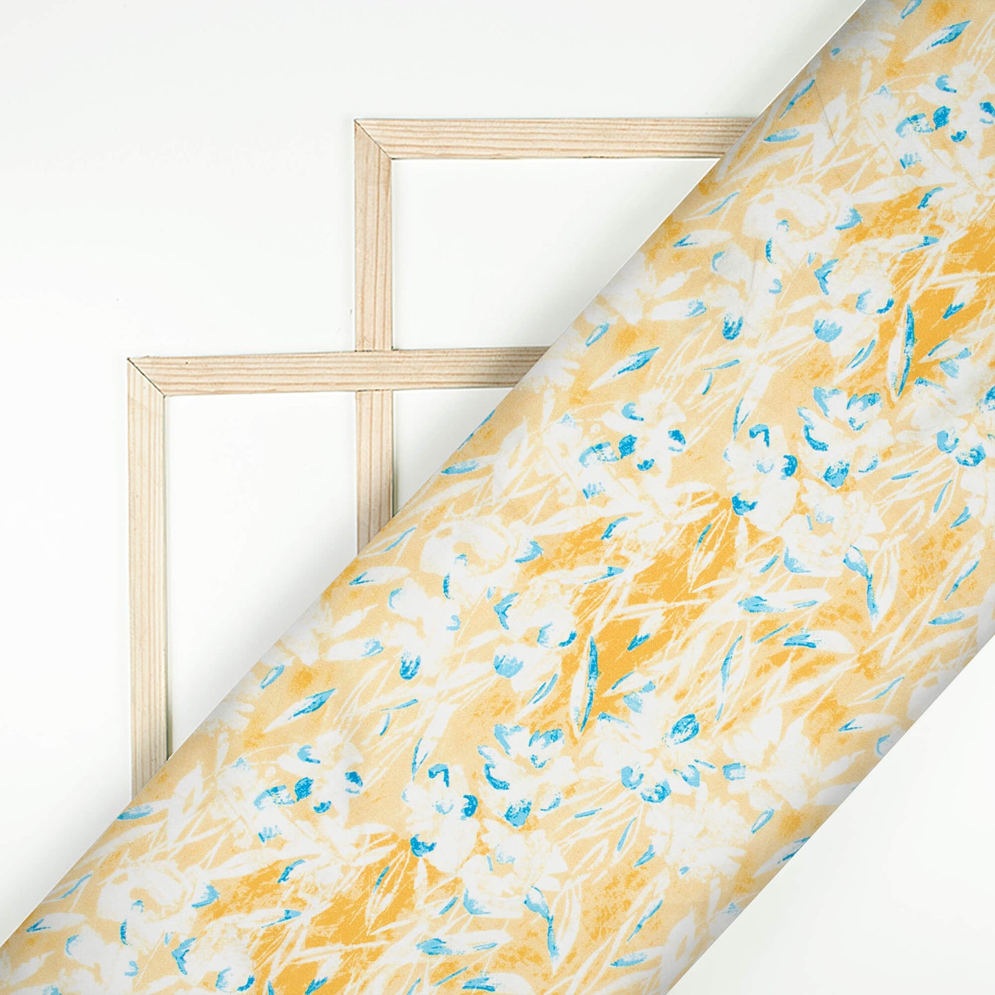 Mustard Yellow And Blue Abstract Pattern Digital Print Japan Satin Fabric