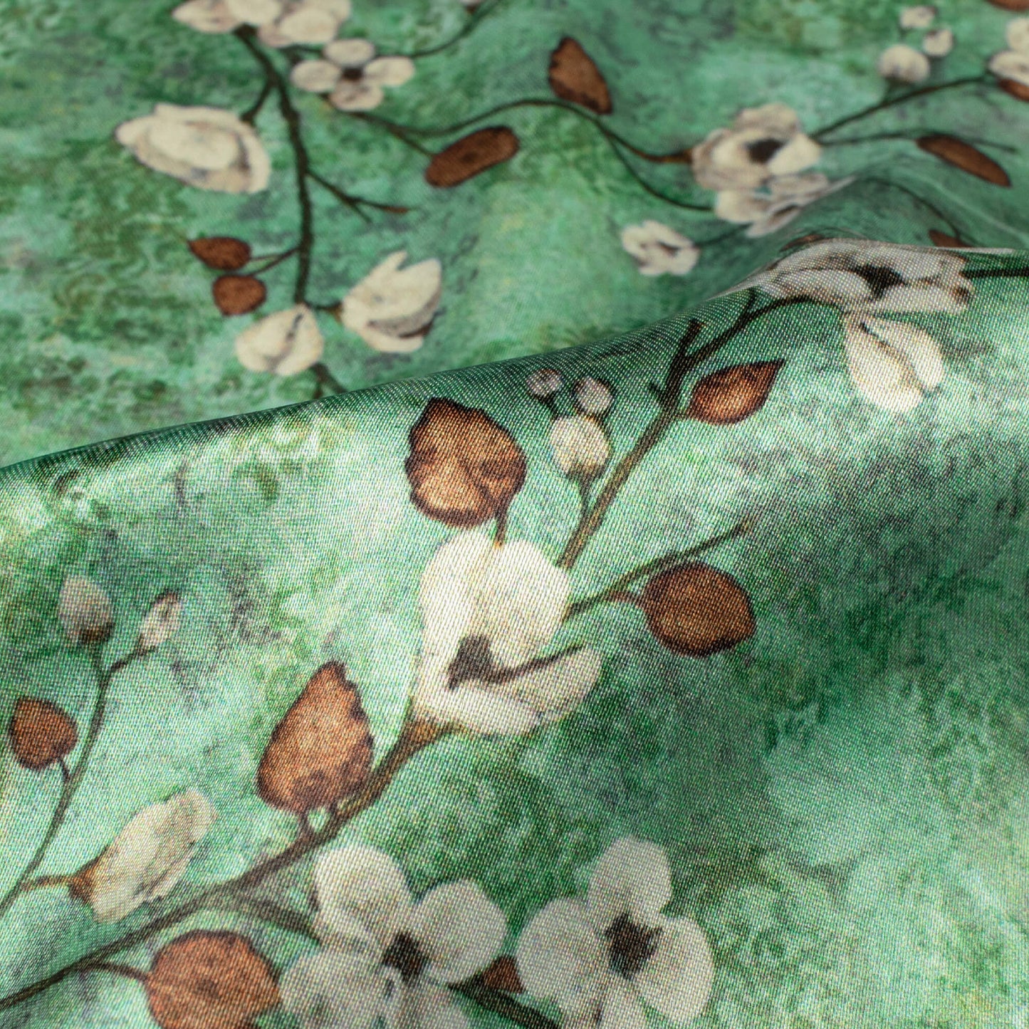 Pistachio Green And Off White Floral Pattern Digital Print Japan Satin Fabric