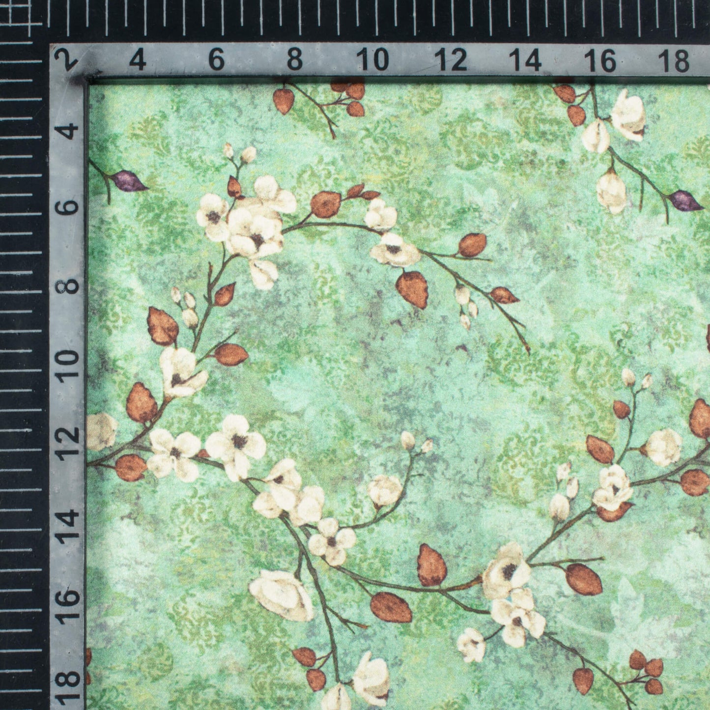 Pistachio Green And Off White Floral Pattern Digital Print Japan Satin Fabric