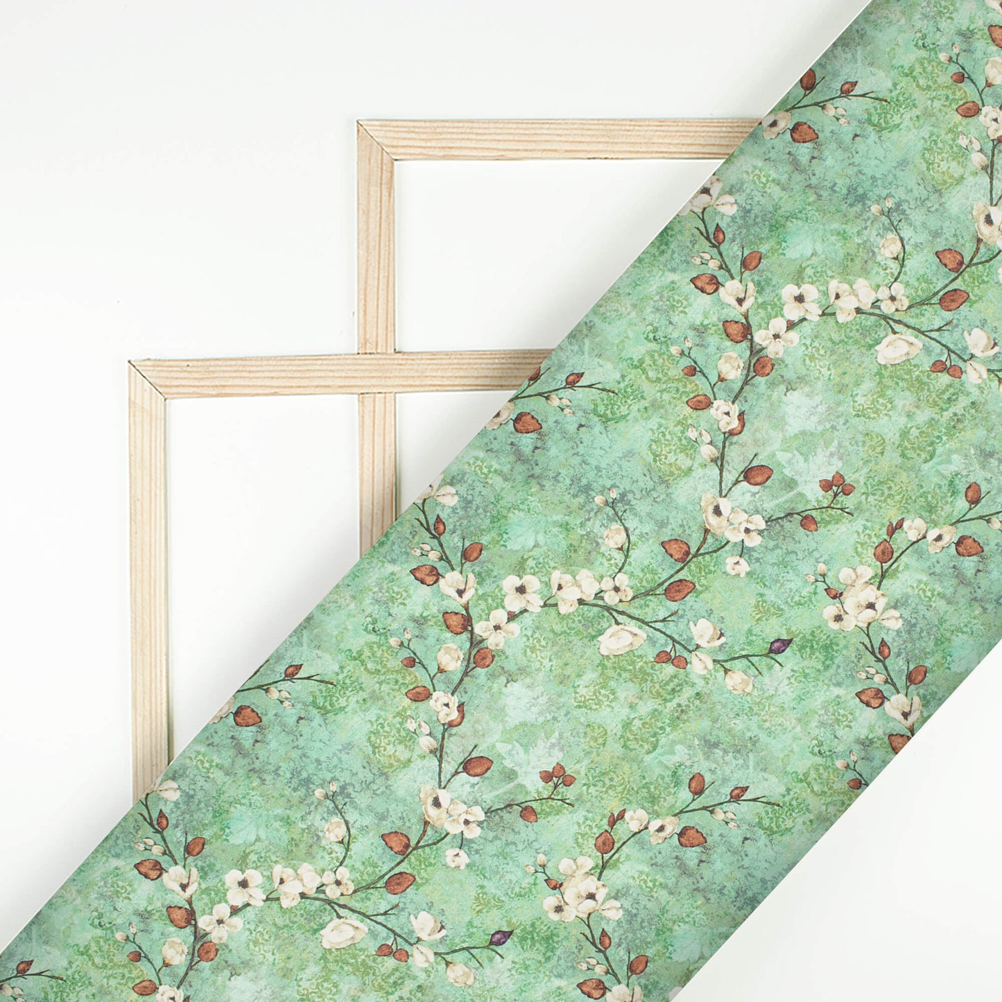 Pistachio Green And Off White Floral Pattern Digital Print Japan Satin Fabric