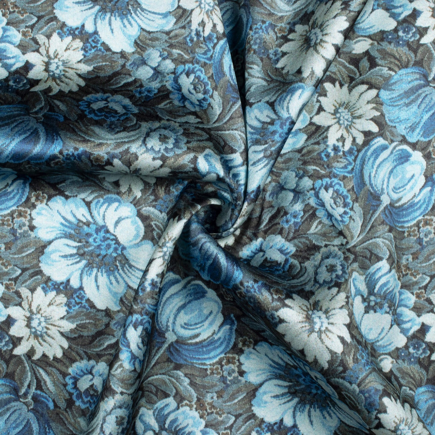 Steel Blue And Cream Floral Pattern Digital Print Japan Satin Fabric