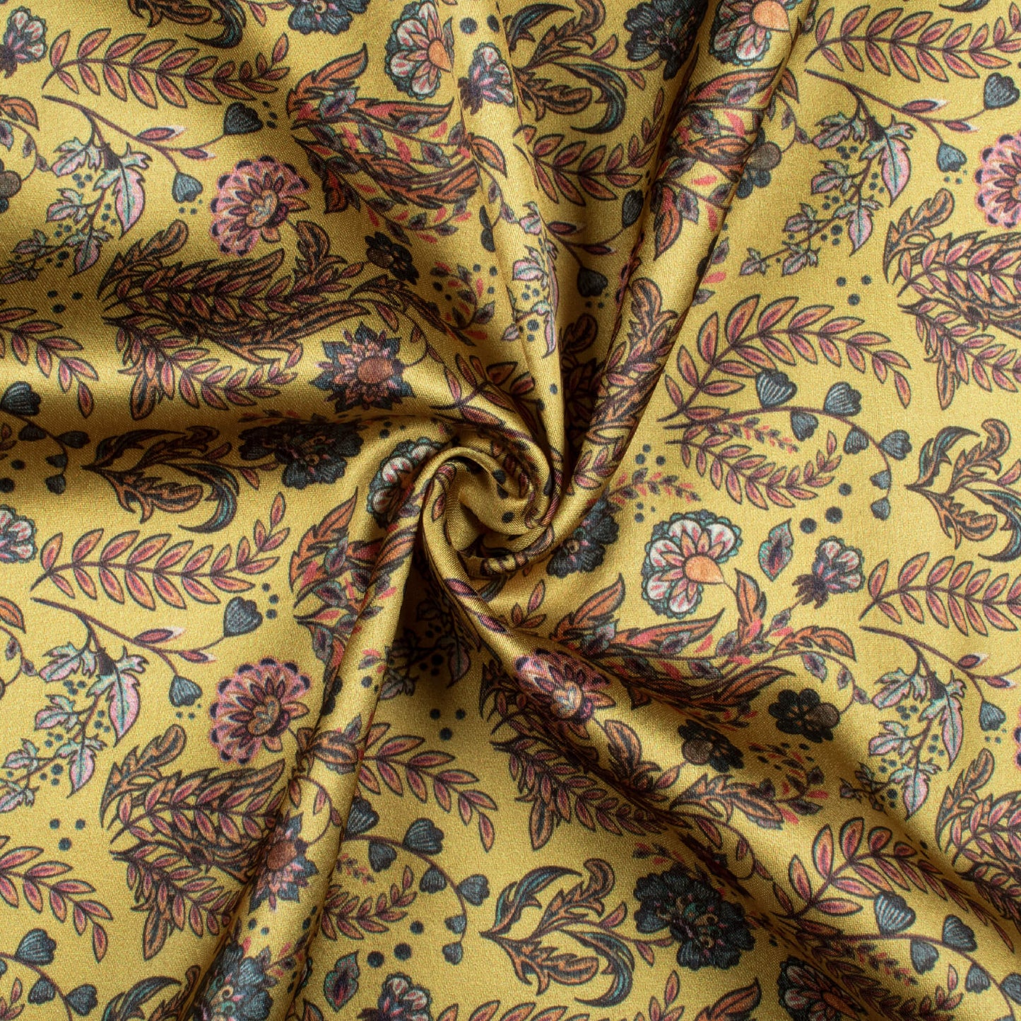 Dijon Yellow And Teal Green Leaf Pattern Digital Print Japan Satin Fabric