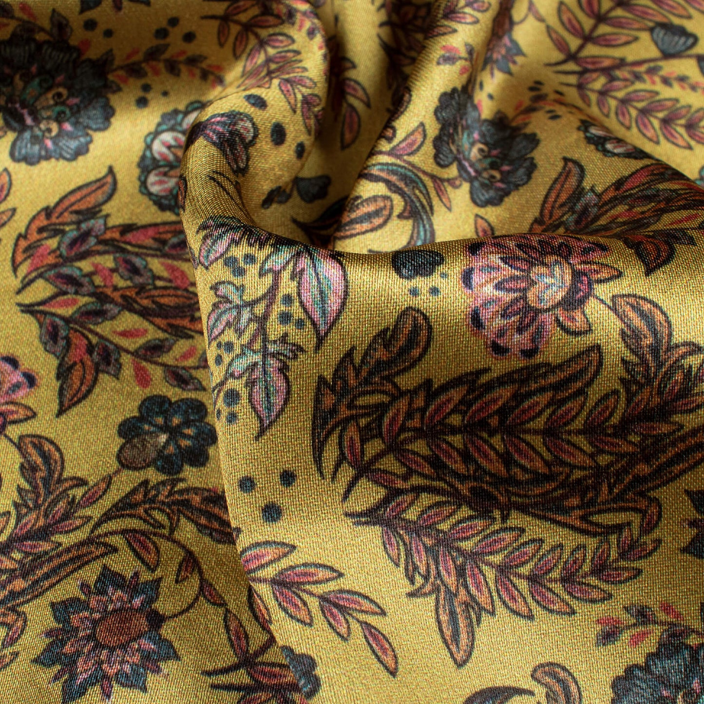 Dijon Yellow And Teal Green Leaf Pattern Digital Print Japan Satin Fabric