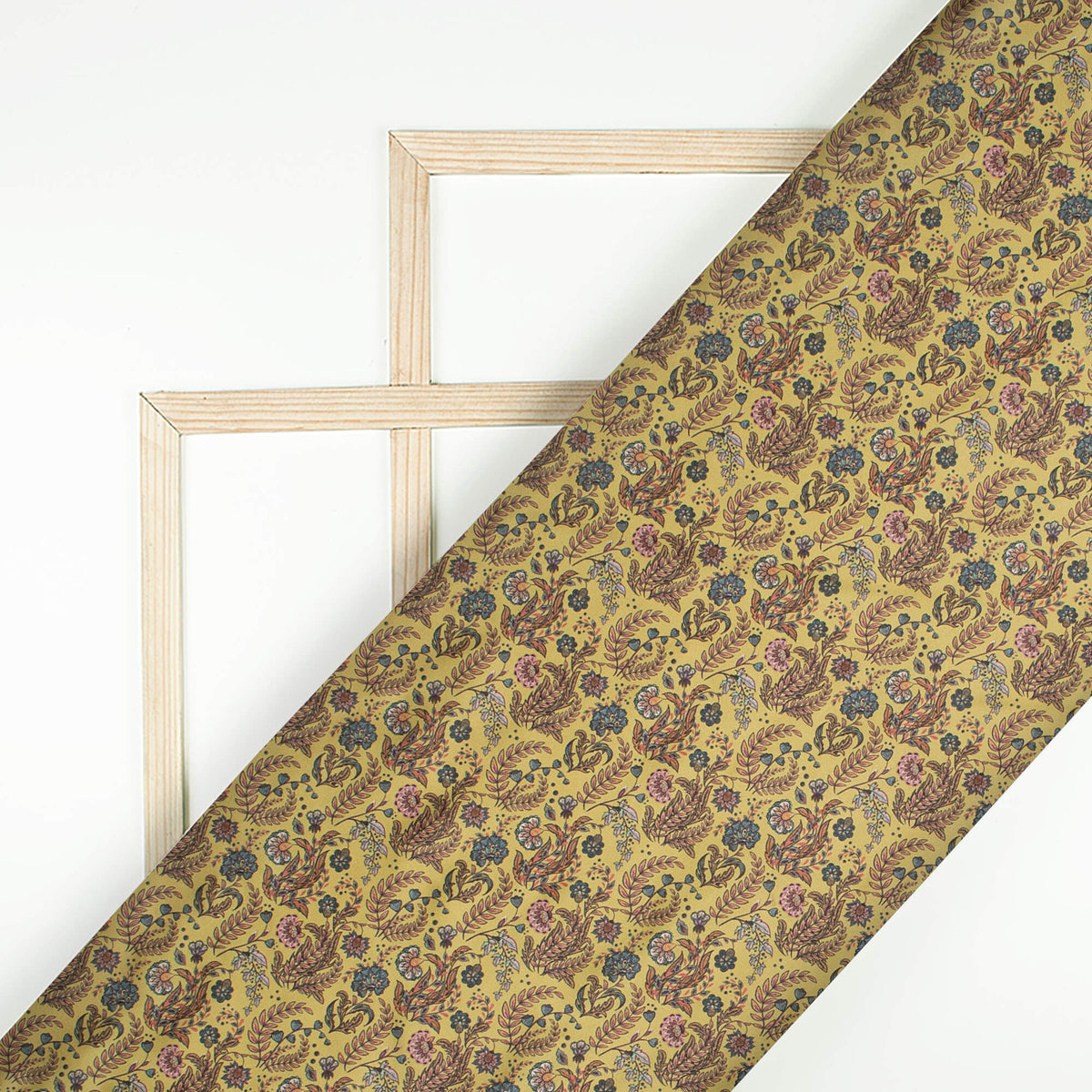 Dijon Yellow And Teal Green Leaf  Pattern Digital Print Japan Satin Fabric