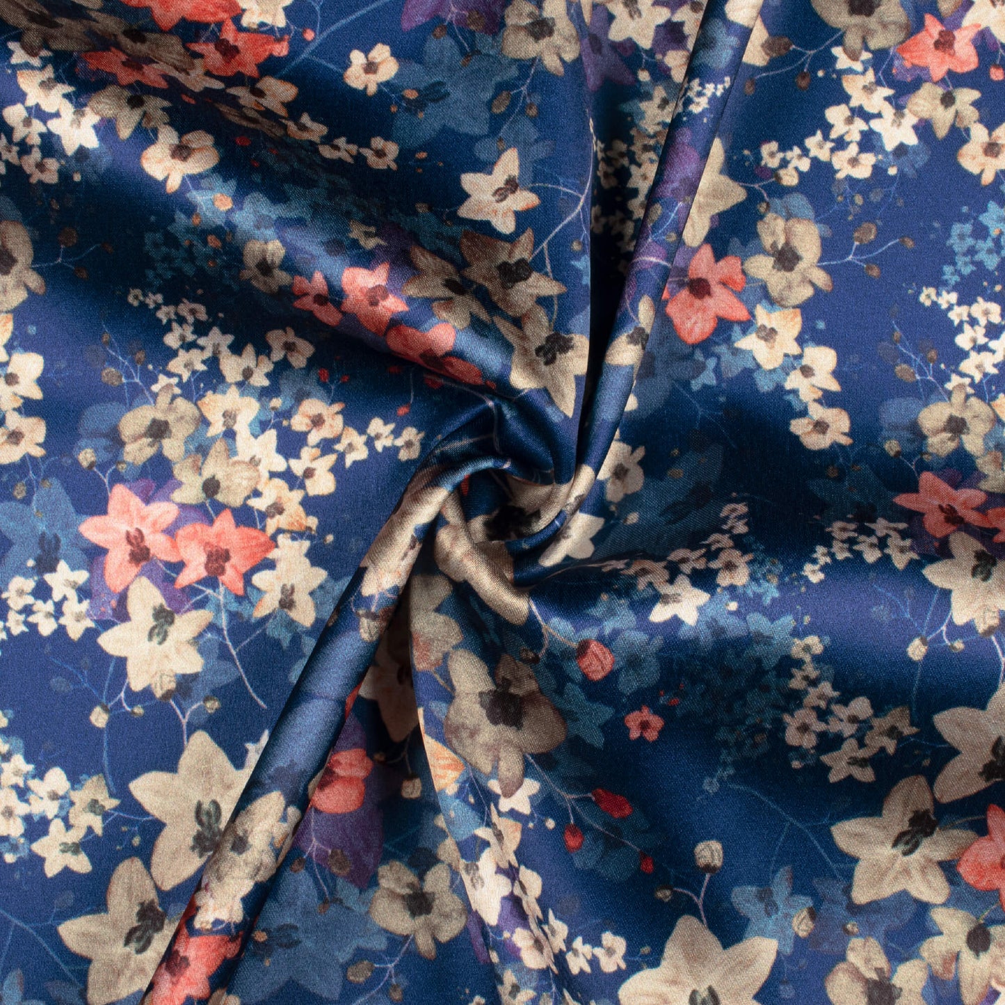 Space Blue And Tortilla Brown Floral Pattern Digital Print Japan Satin Fabric