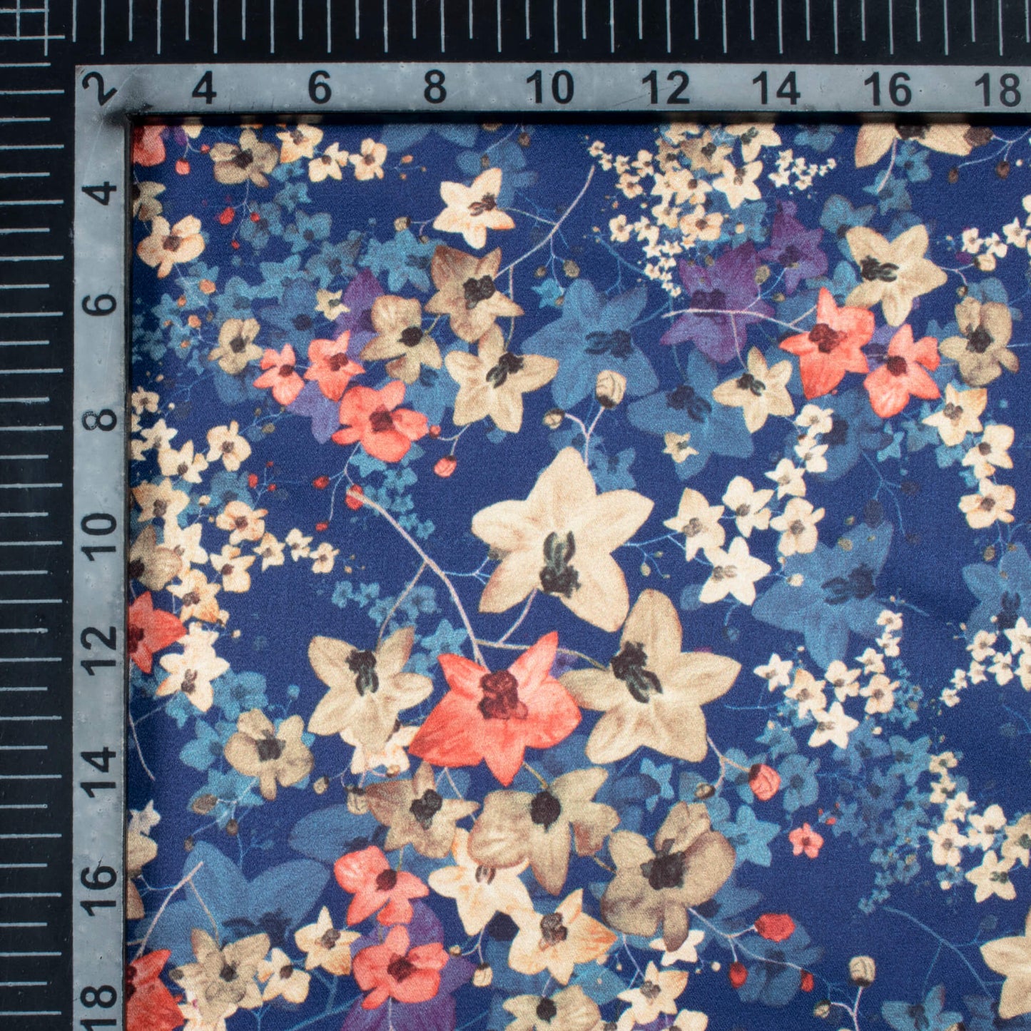 Space Blue And Tortilla Brown Floral Pattern Digital Print Japan Satin Fabric