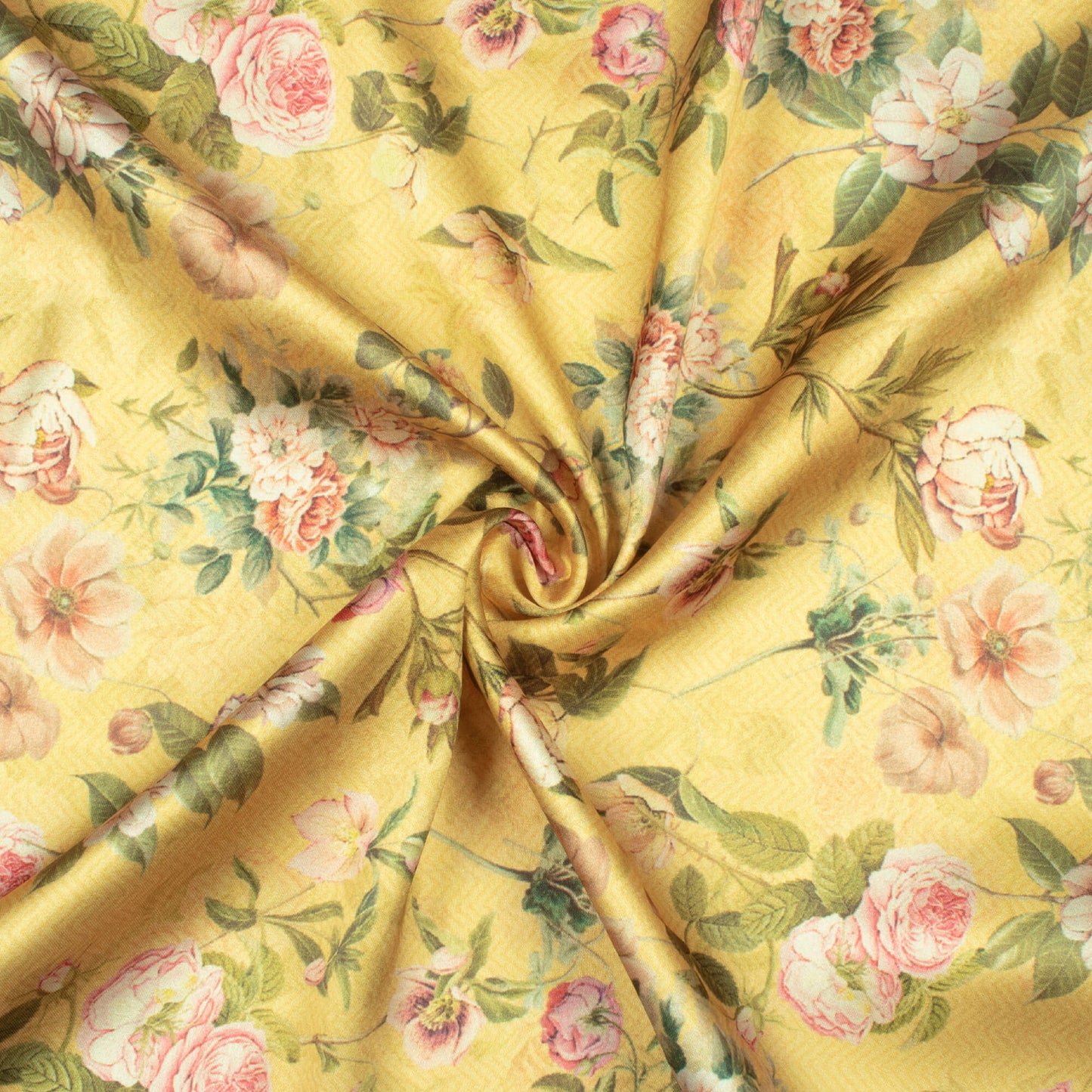 Dijon Yellow And Pink Floral Pattern Digital Print Japan Satin Fabric