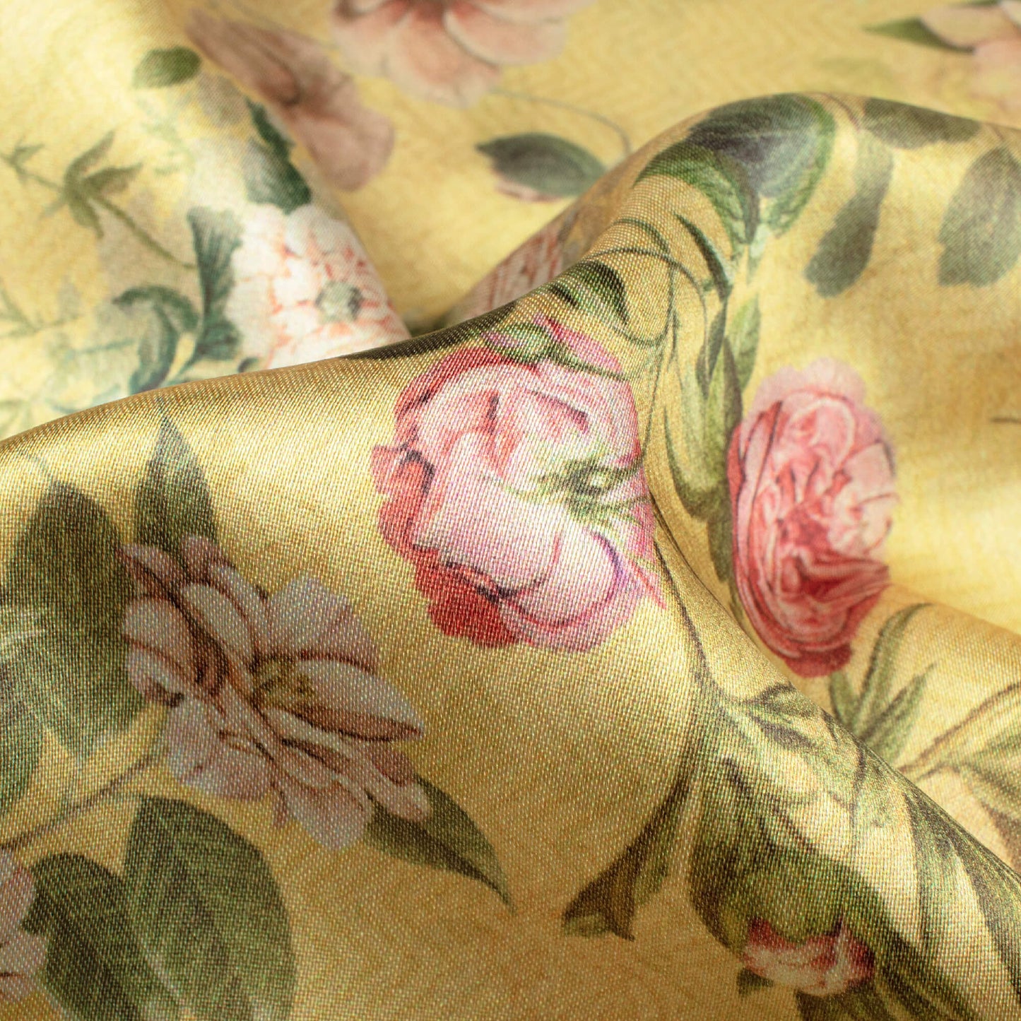 Dijon Yellow And Pink Floral Pattern Digital Print Japan Satin Fabric