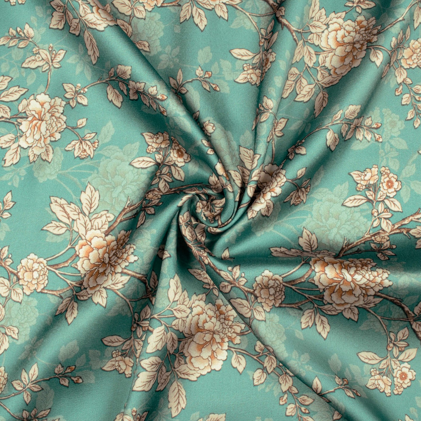 Tiffany Blue And Beige Floral Pattern Digital Print Japan Satin Fabric