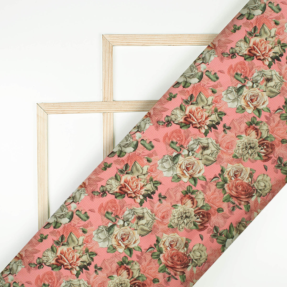 Dusty Pink And Olive Green Floral Pattern Digital Print Japan Satin Fabric