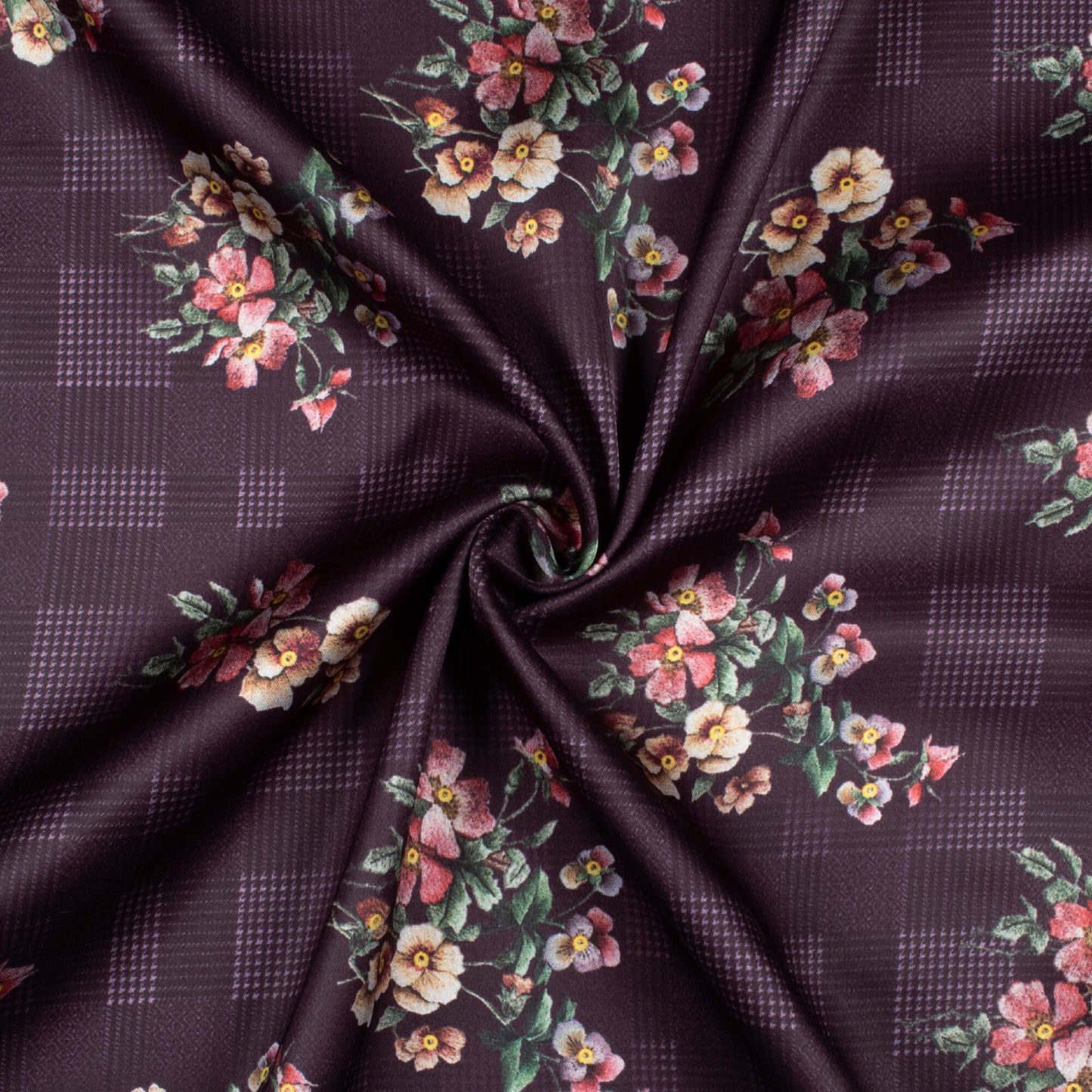 Dark Purple And Baby Pink Floral Pattern Digital Print Japan Satin Fabric