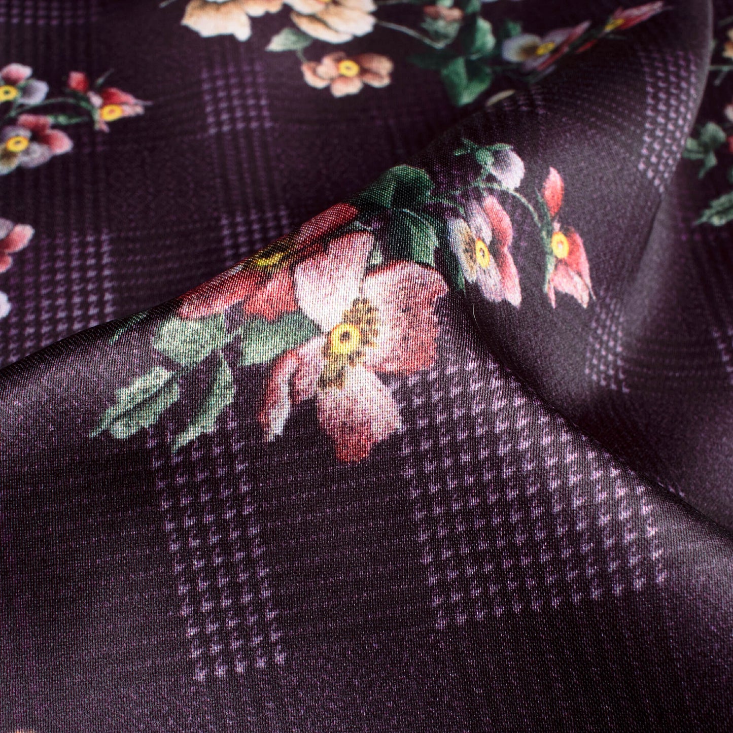 Dark Purple And Baby Pink Floral Pattern Digital Print Japan Satin Fabric