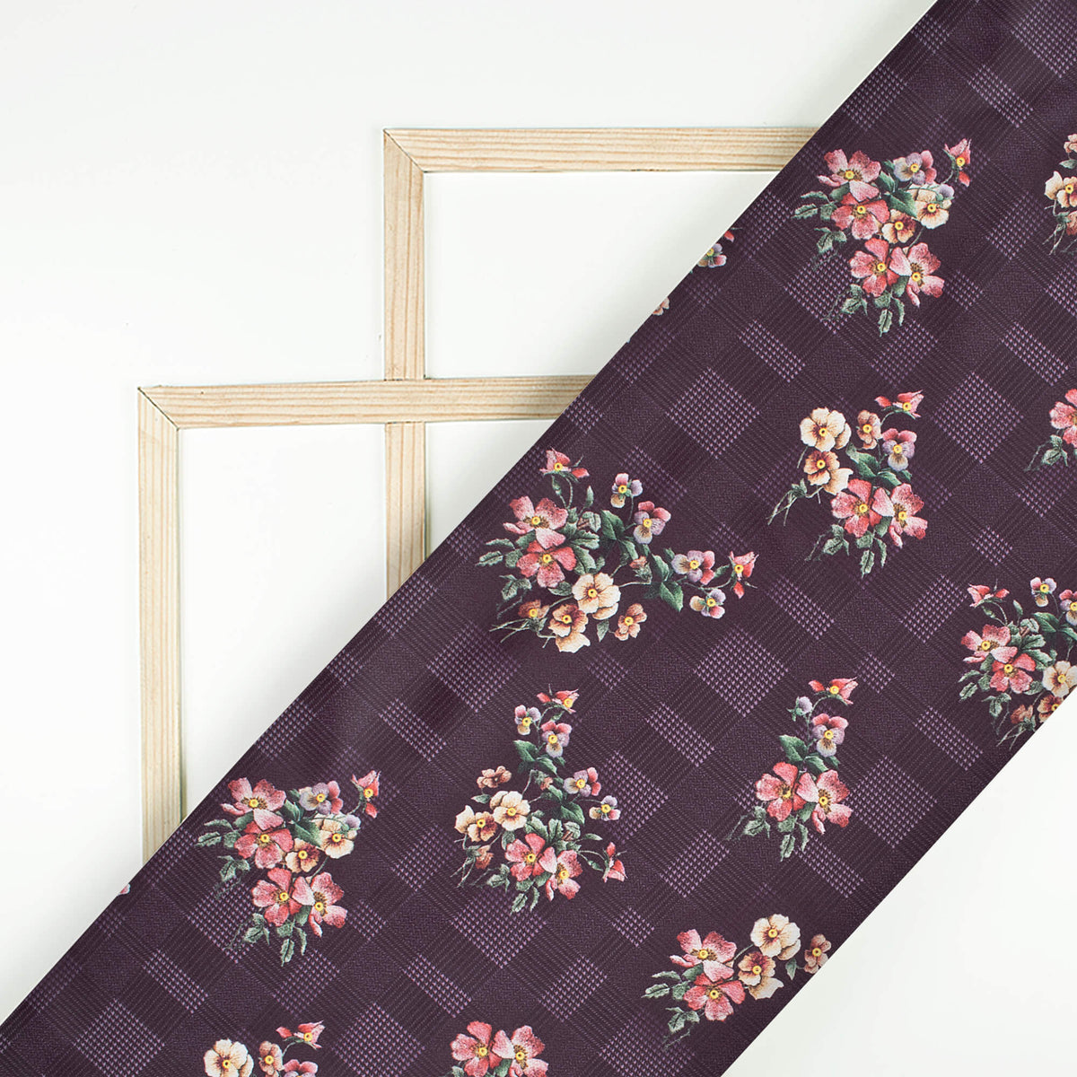 Dark Purple And Baby Pink Floral Pattern Digital Print Japan Satin Fabric