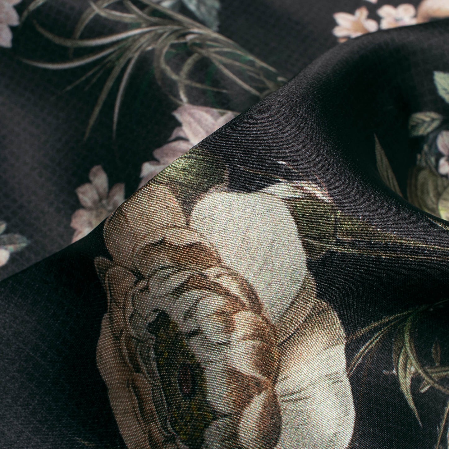 Black And Beige Floral Pattern Digital Print Japan Satin Fabric