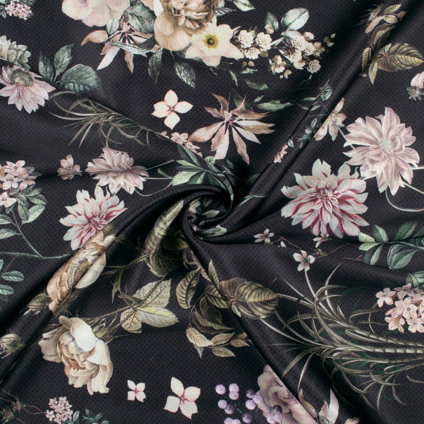 Black And Beige Floral Pattern Digital Print Japan Satin Fabric
