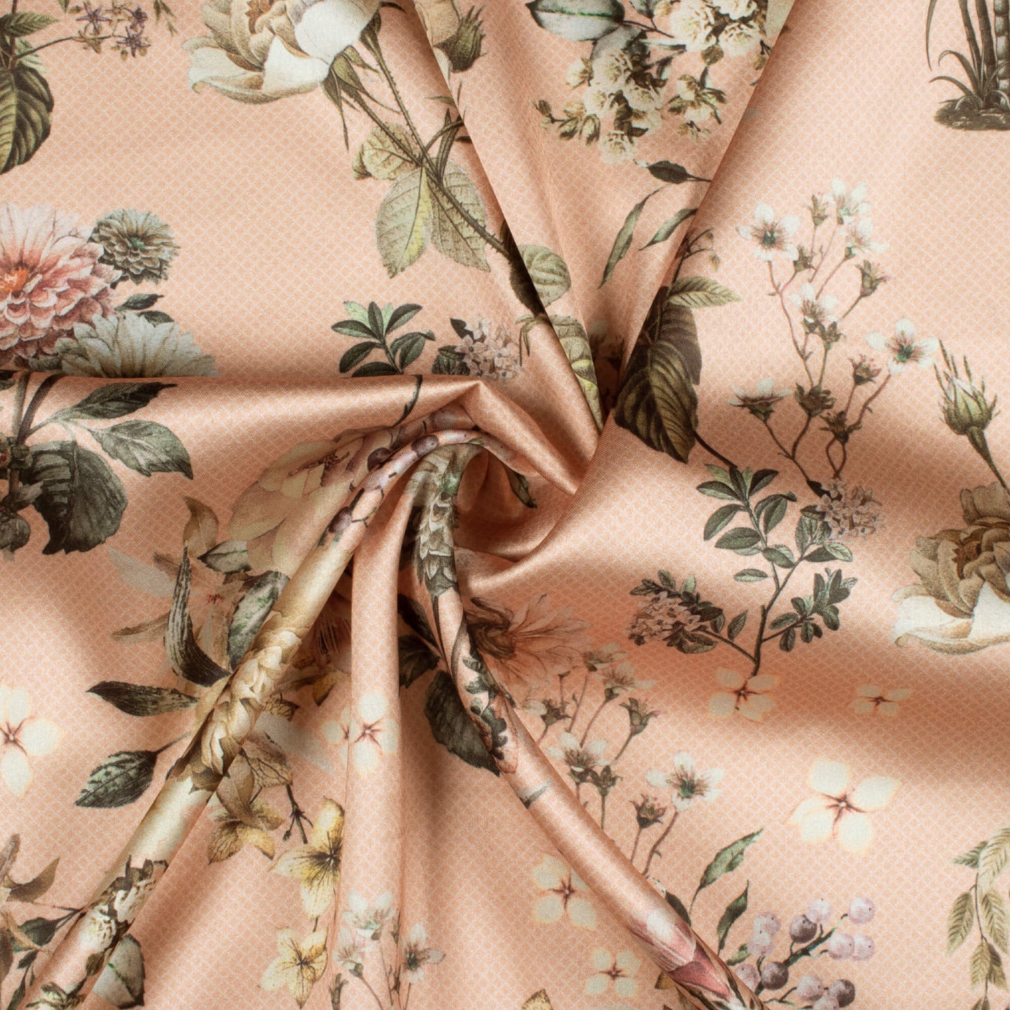 Peach And Peanut Brown Floral Pattern Digital Print Japan Satin Fabric