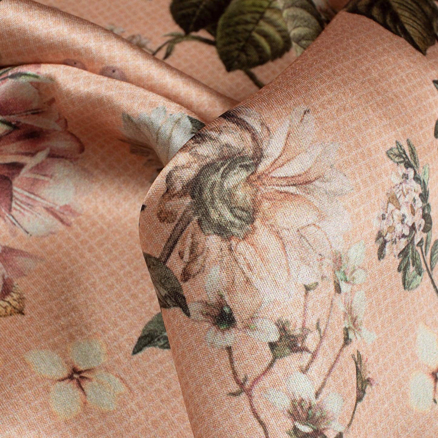 Peach And Peanut Brown Floral Pattern Digital Print Japan Satin Fabric