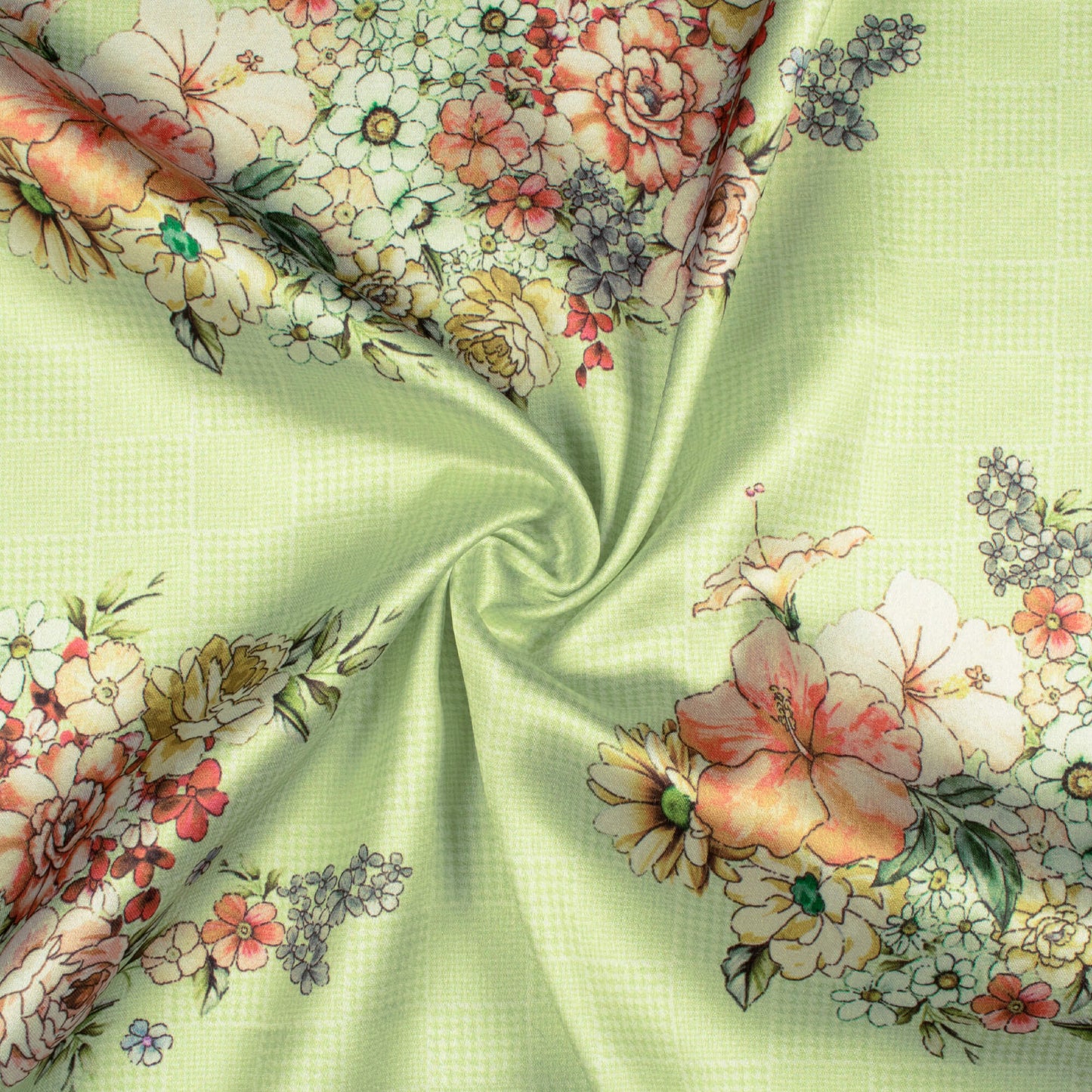 Tea Green And Peach Floral Pattern Digital Print Japan Satin Fabric