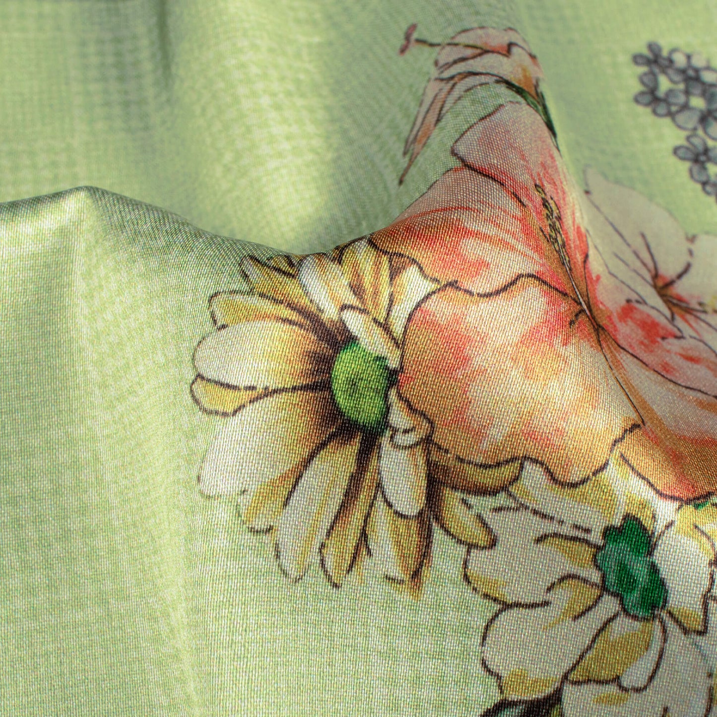 Tea Green And Peach Floral Pattern Digital Print Japan Satin Fabric