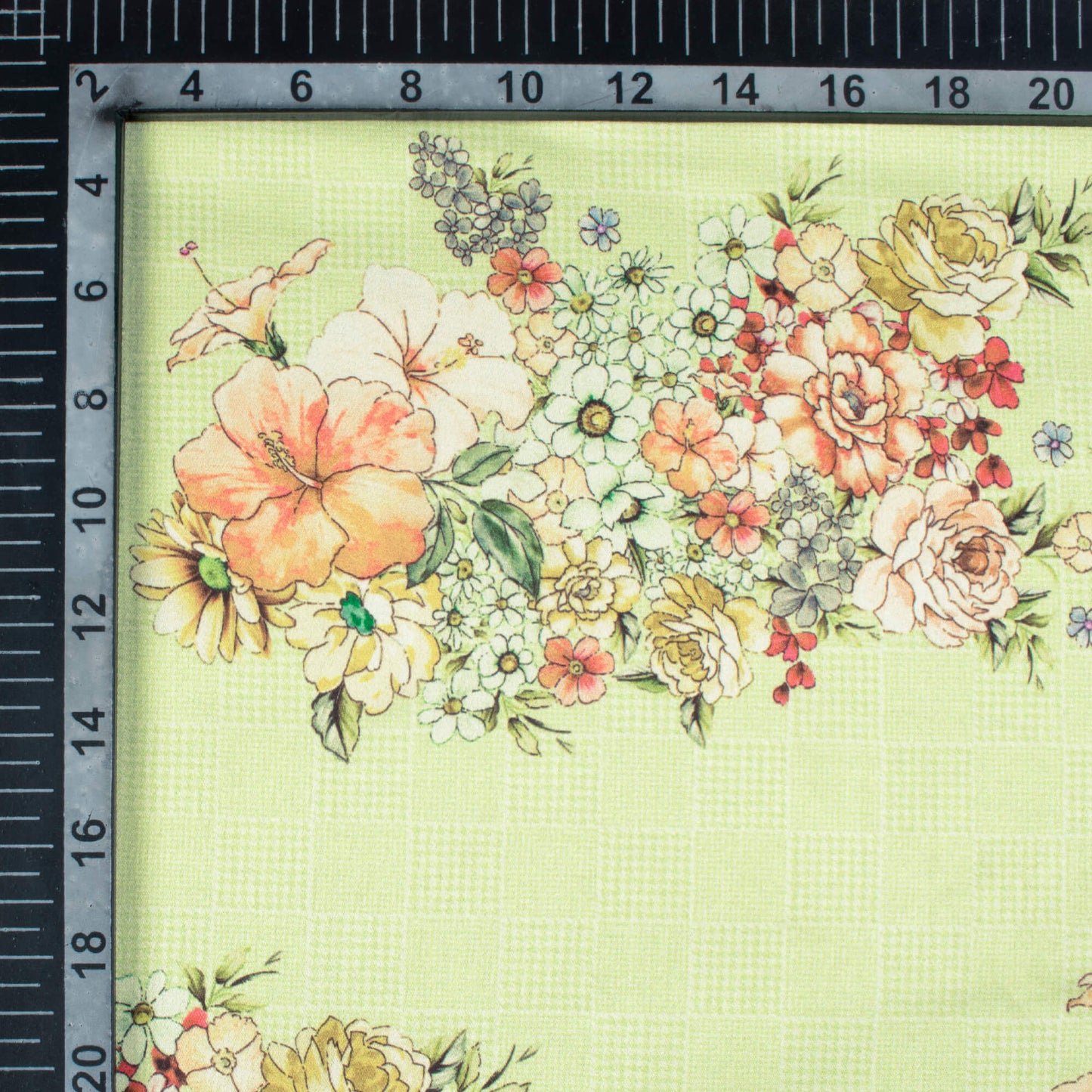 Tea Green And Peach Floral Pattern Digital Print Japan Satin Fabric