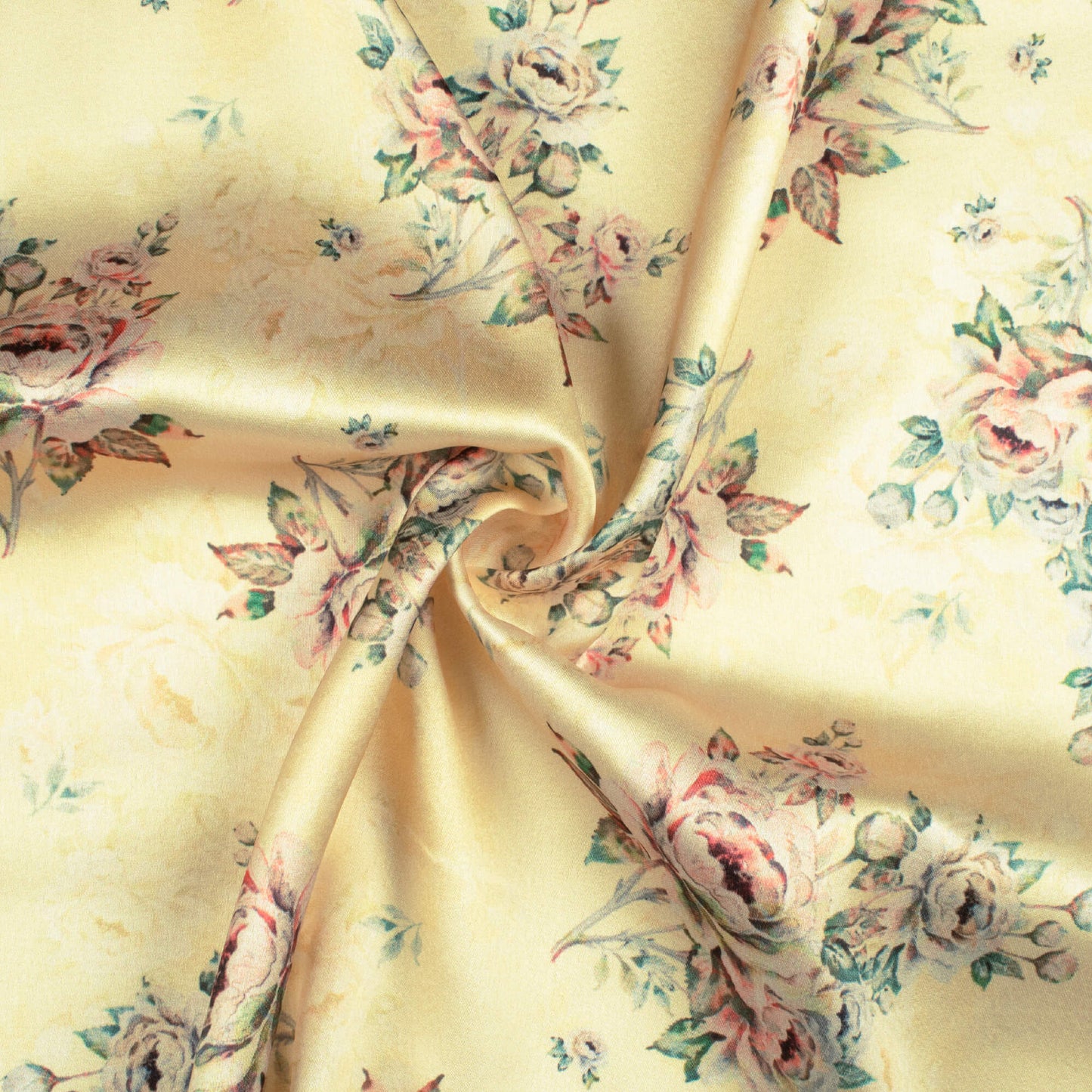 Banana Yellow And Peach Floral Pattern Digital Print Japan Satin Fabric